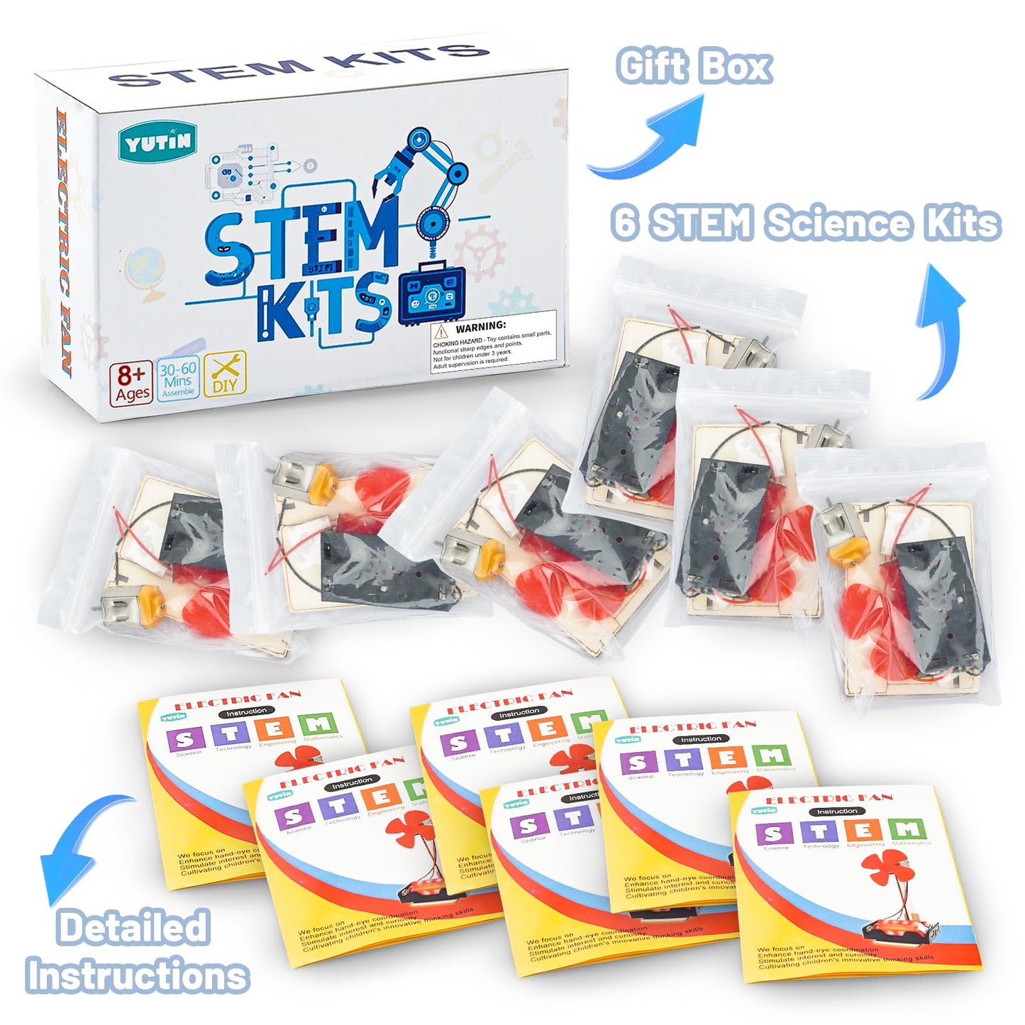 6 STEM Science Kits for Kids Age 8-12, STEM Building Toys for 8-10 Year Girls Boys Wood Crafts, Electric Fan Experiments Activities Circuit Projects, Bulk Gifts for Kids Classroom Party Favors