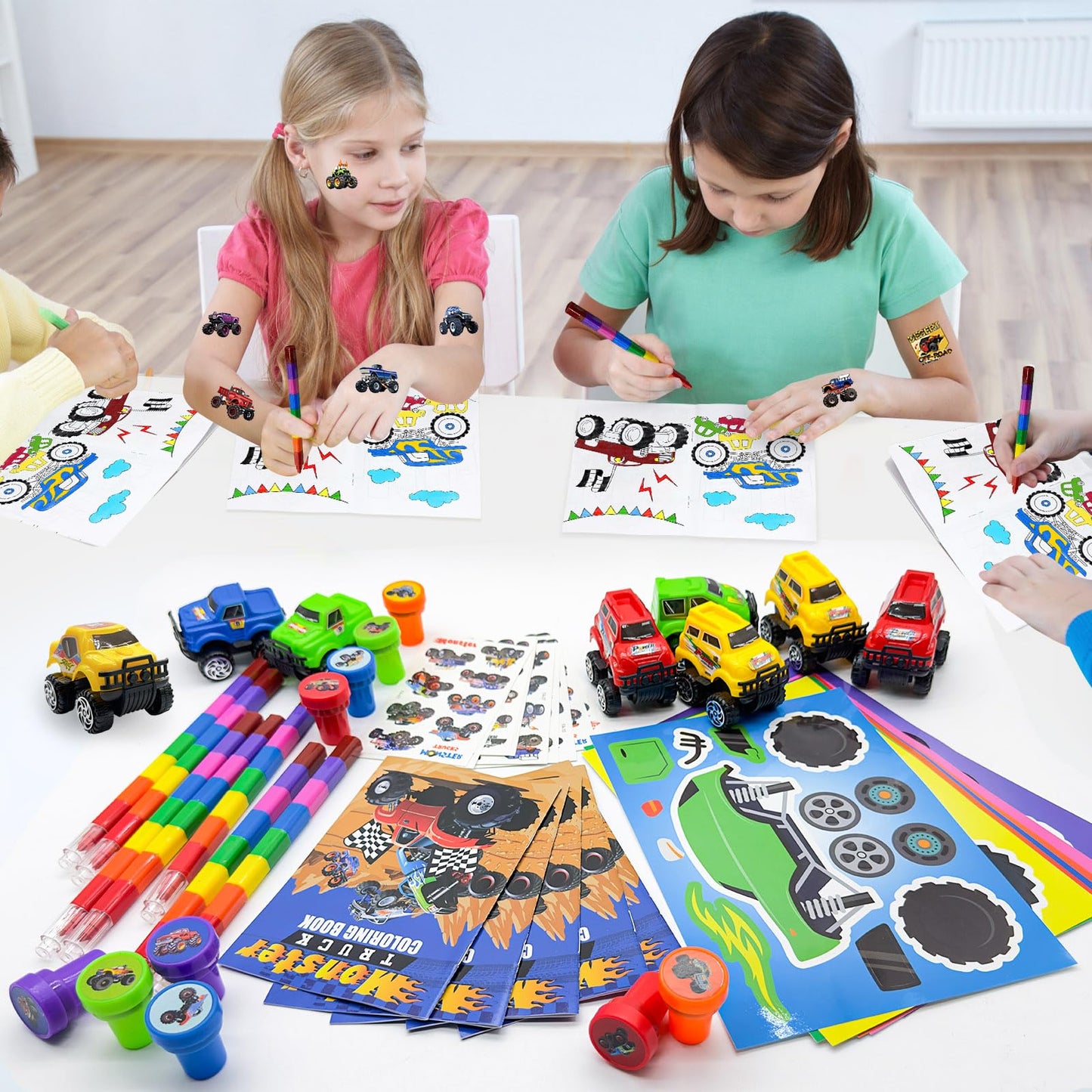 Cinrobiye 72 Pcs Monster Truck Party Favors Bulk, Truck Car Coloring Books with Crayons Stickers Stampers Goodie Bag Fillers, Race Car Birthday Supplies, Wheels Party Pinata Gifts
