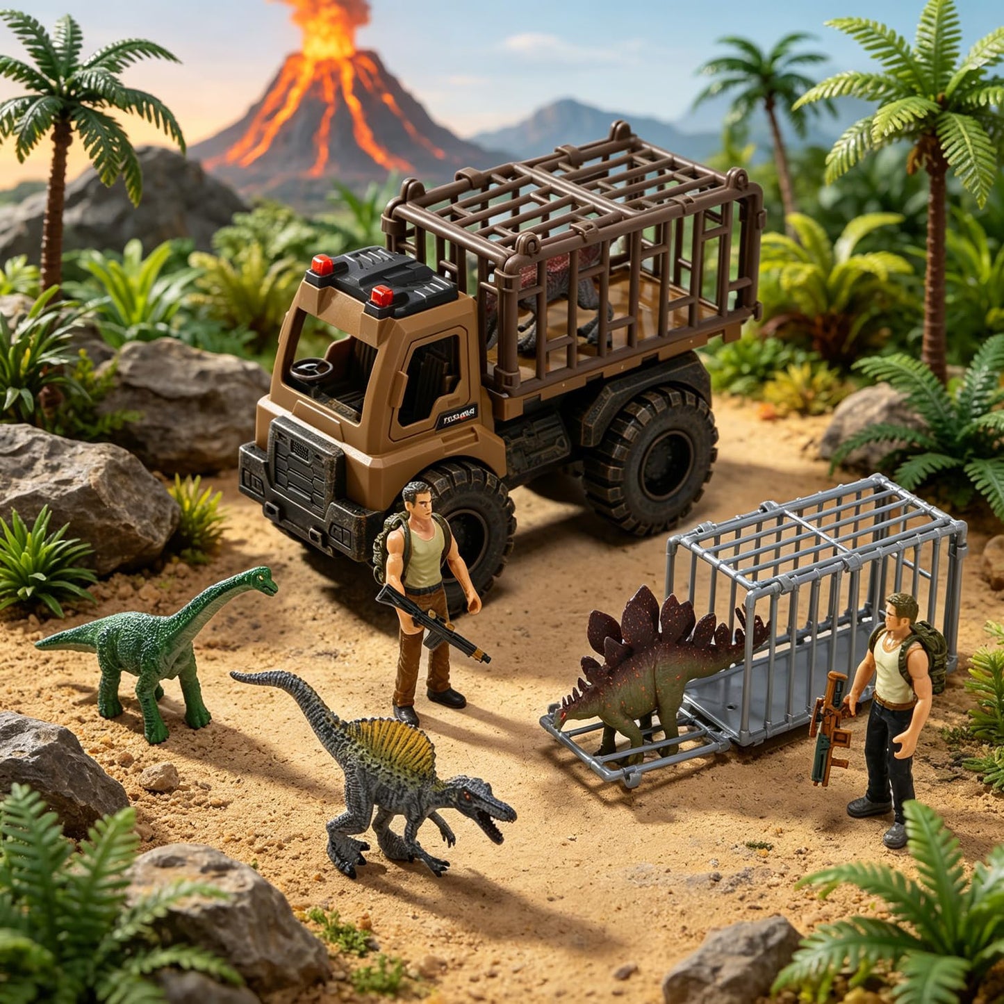 CUTE STONE Dinosaur Truck Toy with Army Soldiers Toy and 4 Dinos, Push and Go Transport Carrier Playset, Gift for 3+ Year Old Boys and Toddlers
