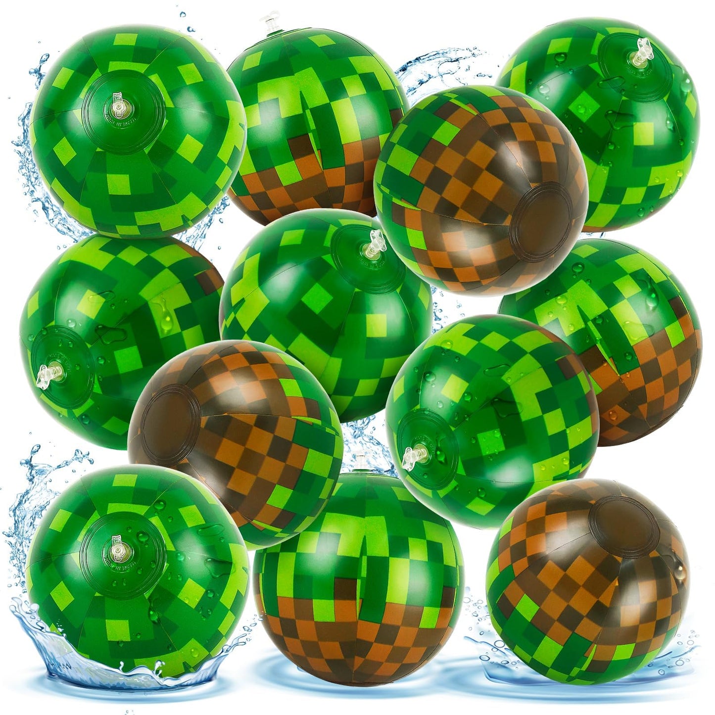 ZSMKJIAYE 24 Pack Pixel Themed Beach Balls - 6 Inches Green and Brown Inflatable Floating Balls for Birthday Party Decorations, Summer Pool and Beach Game, and Bulk Birthday Party Favors