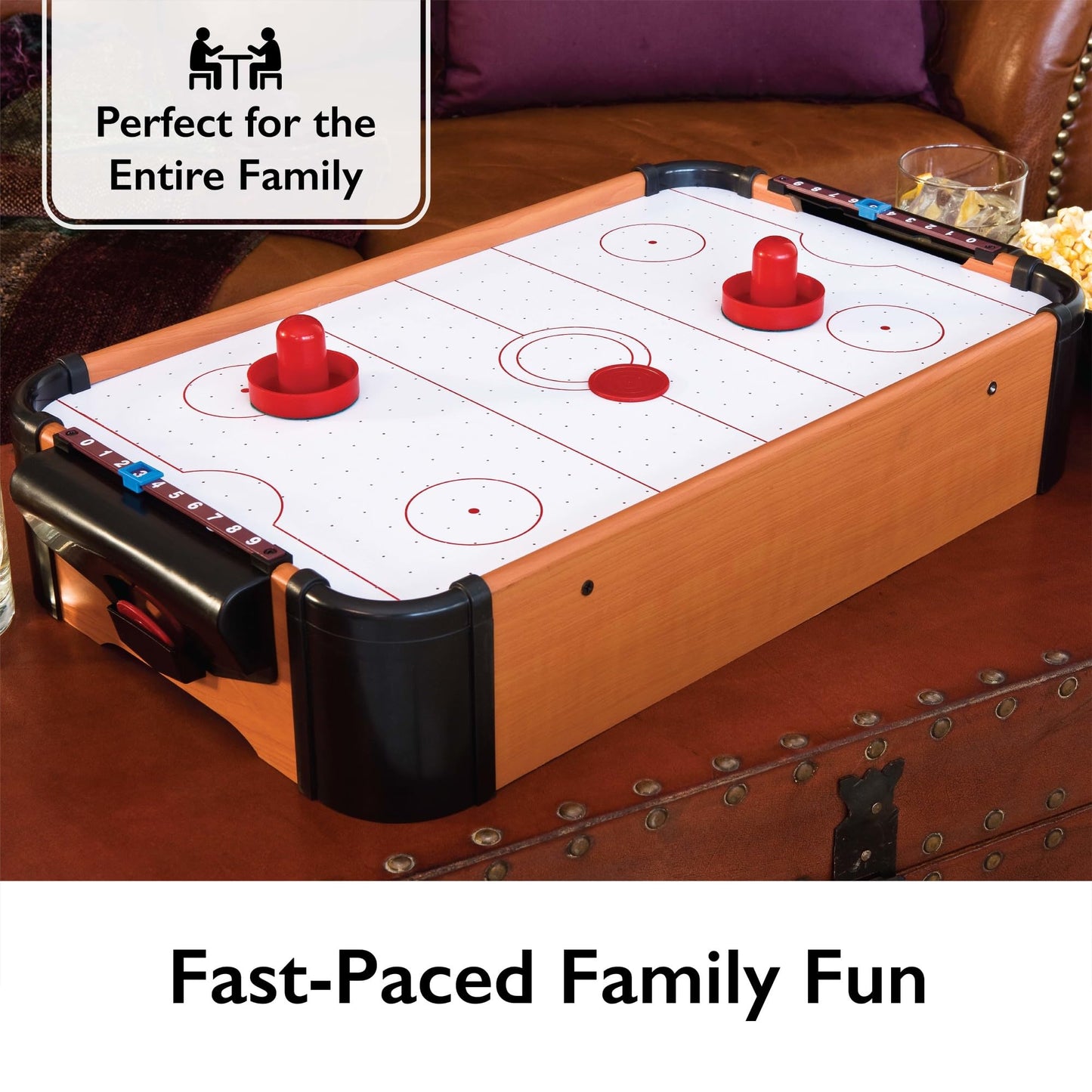 Mainstreet Classics 22 Inch Tabletop Air Hockey Game for Kids and Family, Mini Air Hockey Table with Battery Powered Motor, Includes 2 Pucks and 2 Pushers