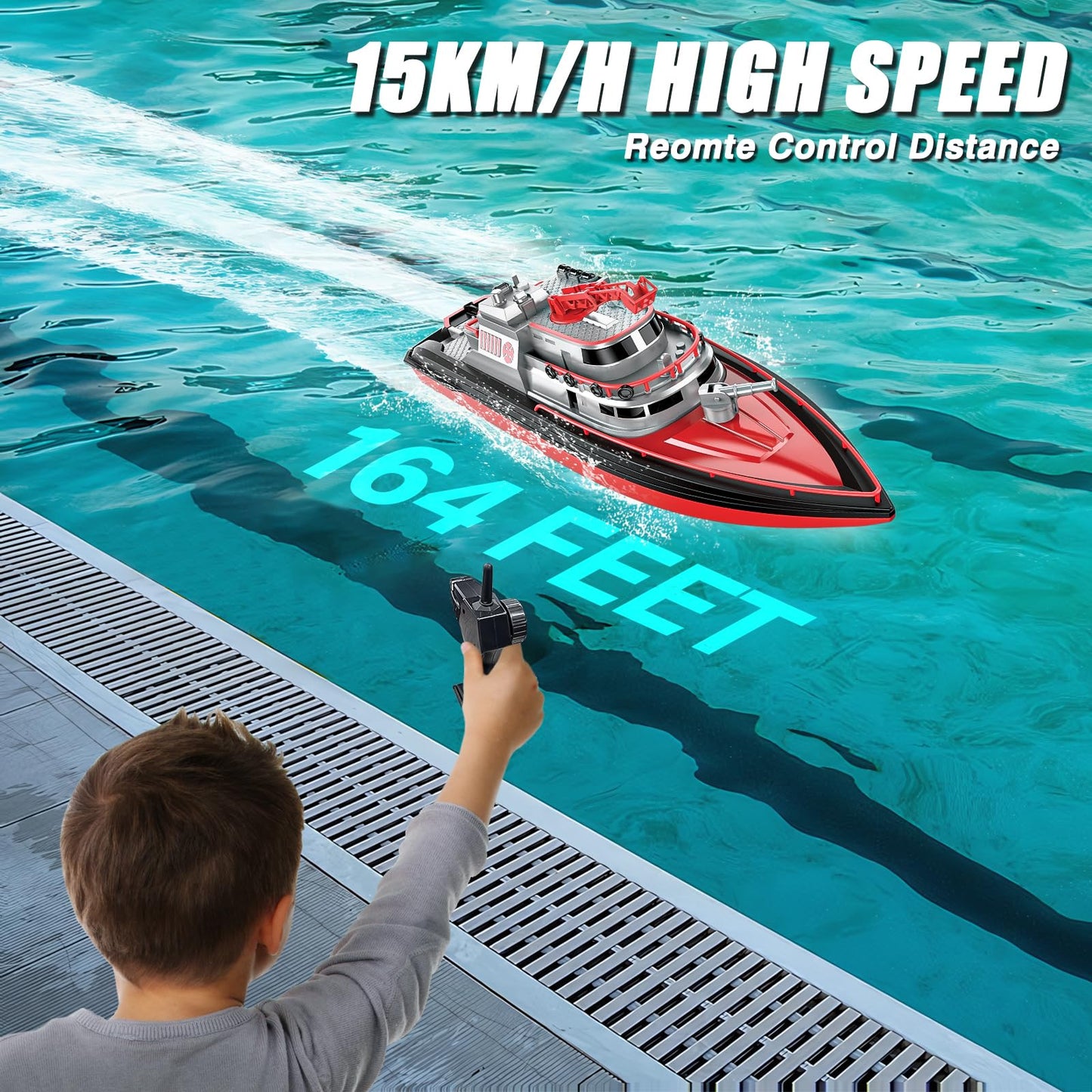 Cheerwing RC Boat, Remote Control Fireboat Firefighter for Kids, One-Key Water Spary, 2 Batteries for 40 Mins Run Time, 15KM/H High Speed Pool Toys for Boys Girls and Adult