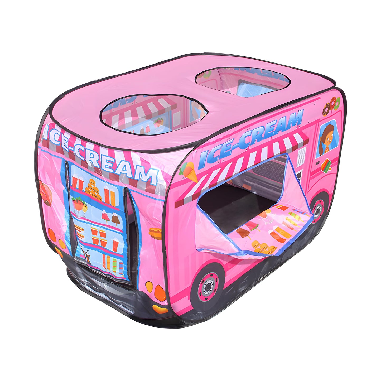 DOOLMIN Pop Up Play Tent for Kids - Foldable Indoor & Outdoor Playhouse Vehicle Toys for Toddlers, Boys and Girls - 2 Openings, Flat-Folding for Compact Storage(Ice Cream Car,Pink)