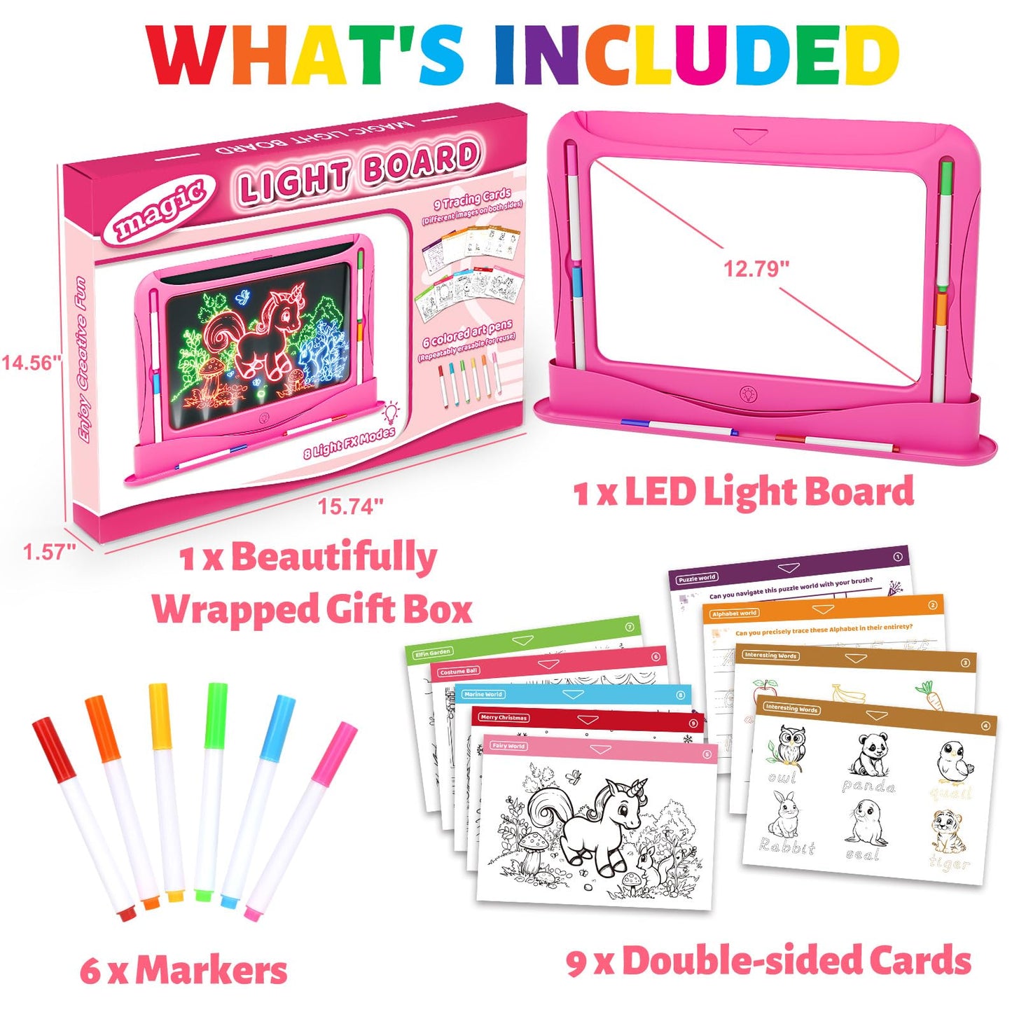 Ultimate LED Drawing Board for Kids Ages 5-7, Girls Toys Age 6-8, Christmas Birthday Gifts, Light Up Tracing Pad, 9 Double-Sided Cards, 6 Markers, Arts Crafts Learning Toy, Magic Doodle Writing Tablet