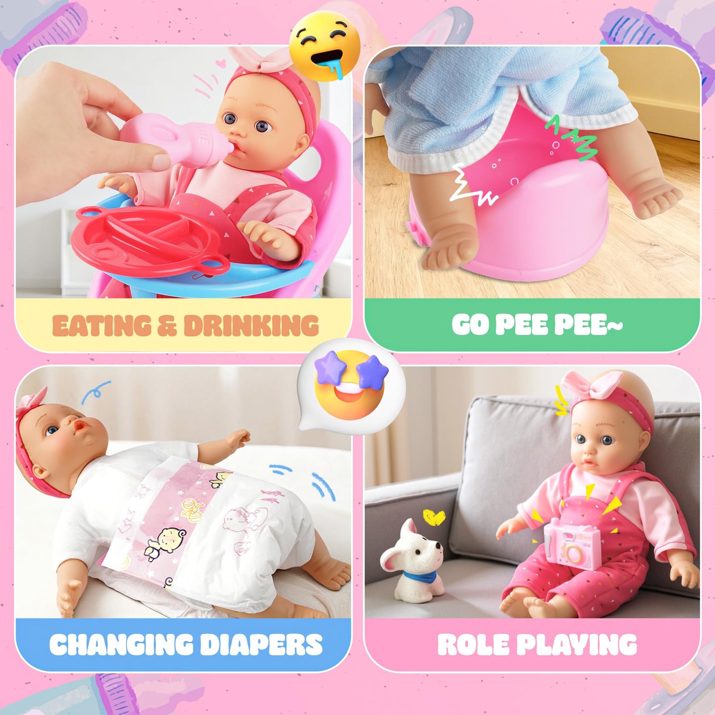 SMILESSKIDDO Baby Doll with Stroller PlaySet - 12 Inch Soft Body Dolls and Accessories Dining Chair, Doll Clothes, Feeding Set for Realistic Pretent Play, Babydoll Care Gift for Toddler Girls 2 3 4 5