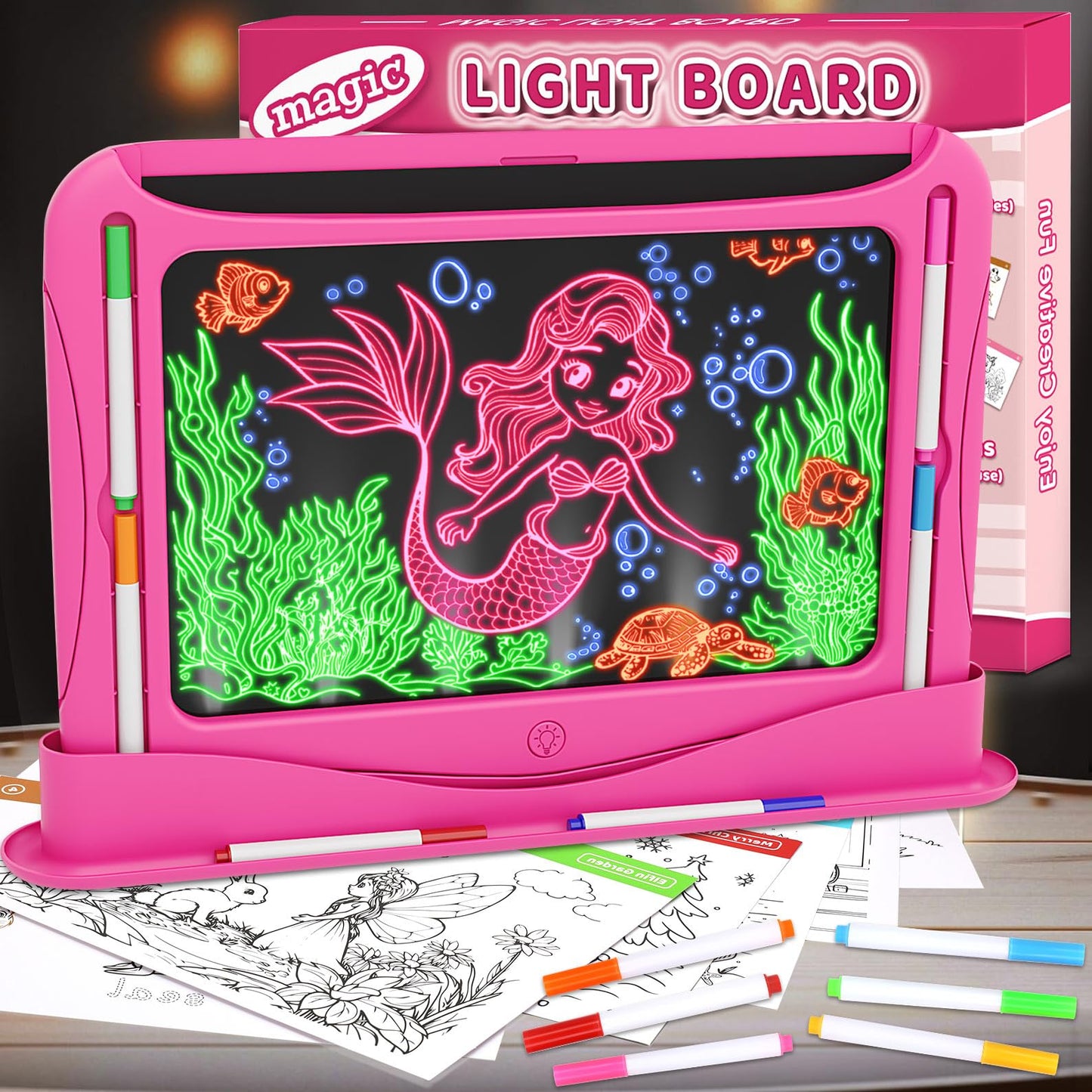 Ultimate LED Drawing Board for Kids Ages 5-7, Girls Toys Age 6-8, Christmas Birthday Gifts, Light Up Tracing Pad, 9 Double-Sided Cards, 6 Markers, Arts Crafts Learning Toy, Magic Doodle Writing Tablet