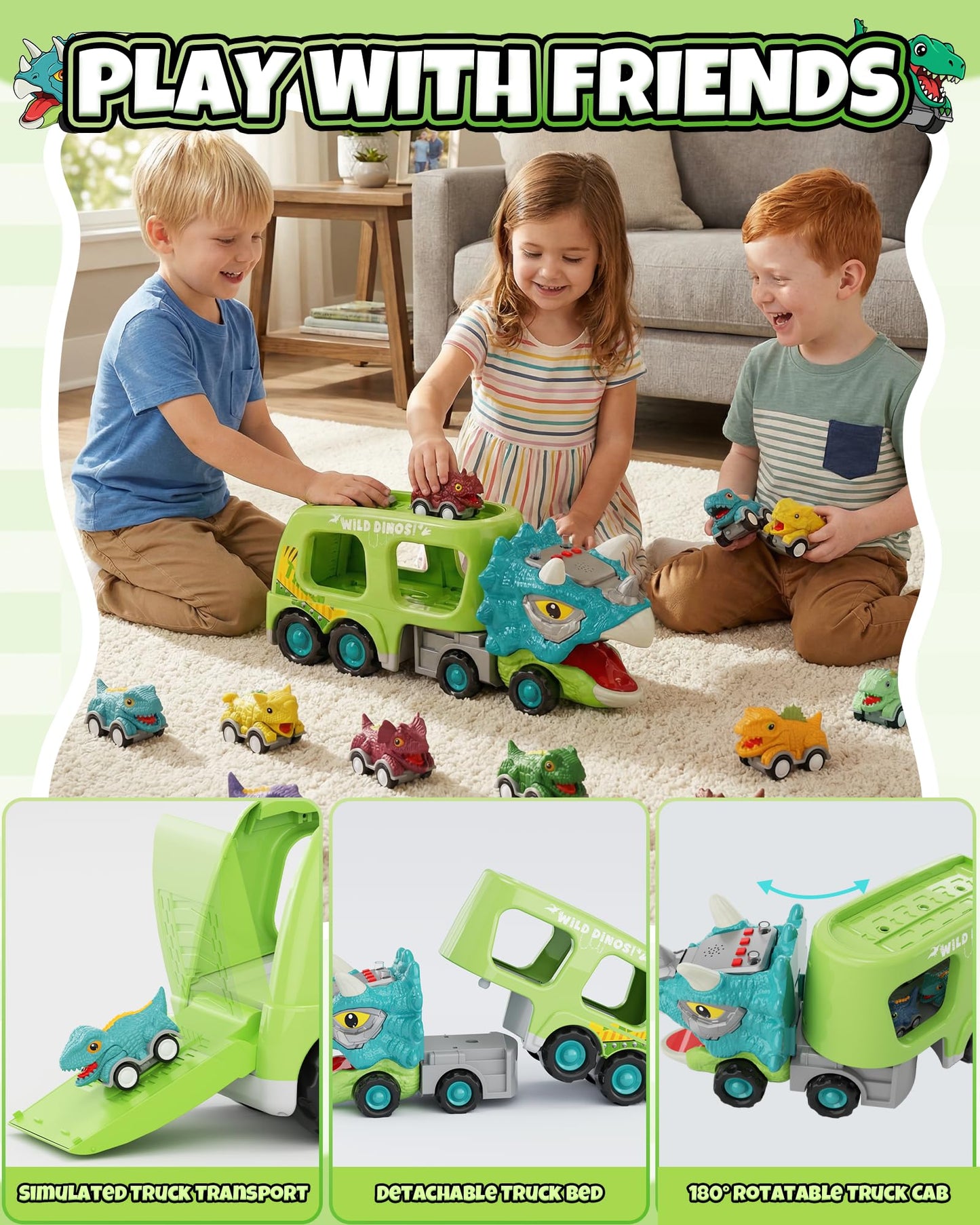 Cozycharm 9 in 1 Dinosaur Toys for Boys, Dinosaur Transport Truck with 8 Pull Back Dino Cars, Toys for 3 4 5+ Year Old Toddlers, Birthday for Grandkids, Blue Green