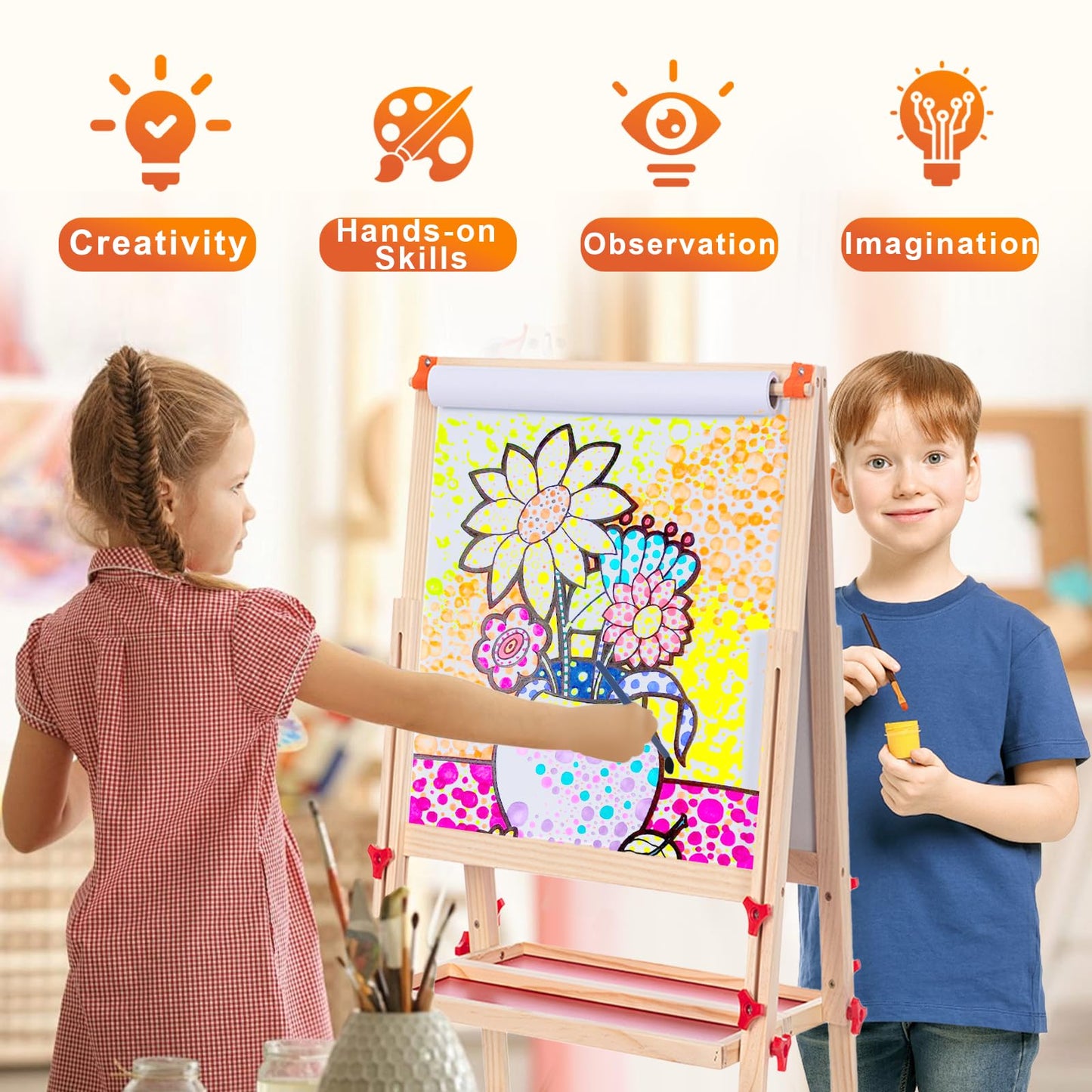 Wooden Adjustable Easel for Kids, Quick-Fold Kids Easel with Paper Roll&Accessories, Double Sided Painting Easels for Toddlers 3,4,5,6,7,8,9,10 Years, Perfect Painting Gifts&Supplies for Boys&Girls