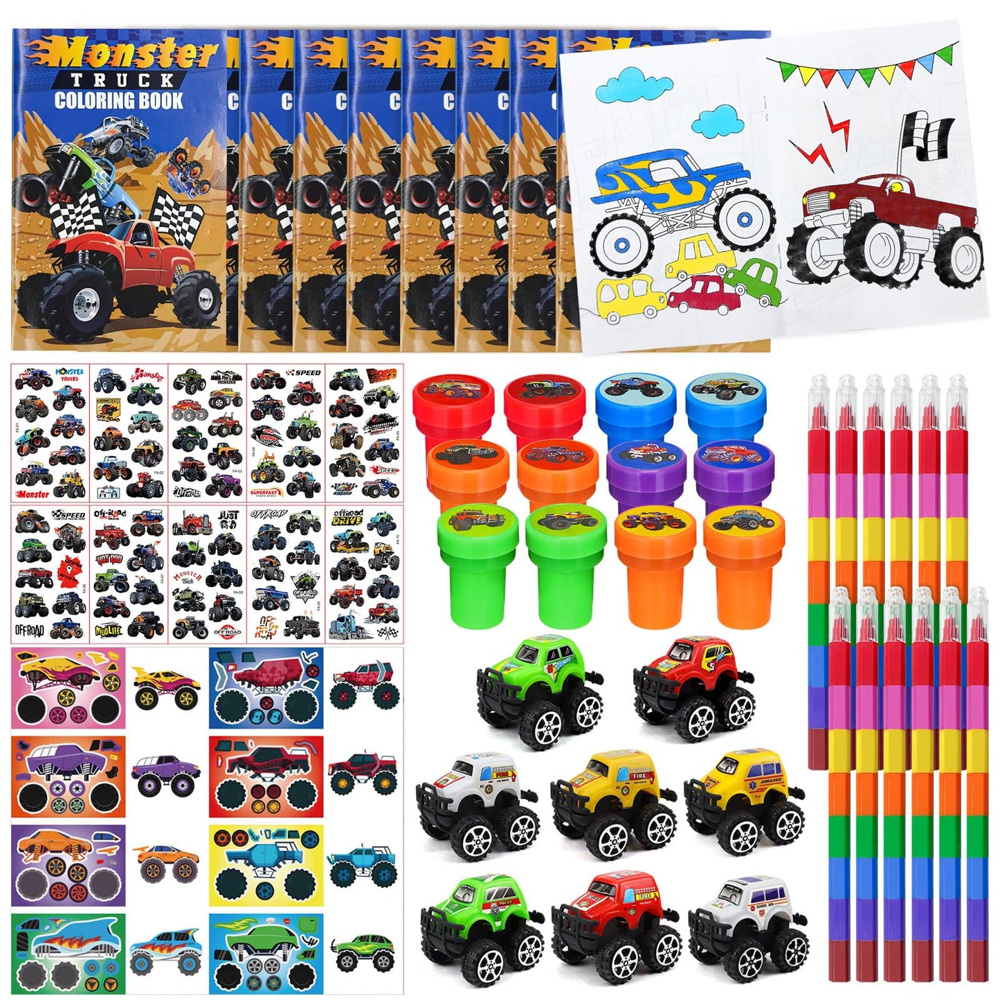 Cinrobiye 72 Pcs Monster Truck Party Favors Bulk, Truck Car Coloring Books with Crayons Stickers Stampers Goodie Bag Fillers, Race Car Birthday Supplies, Wheels Party Pinata Gifts