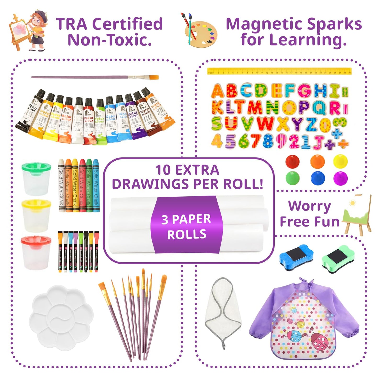 Purple Art Easel for Kids, Kids Art Easel with 3 Paper Roll, Magnetic Whiteboard and Chalkboard,Adjustable Standing Wooden Toddler Easel for Painting Double Sided,3in1 Painting Easel for 2-4 4-8 Gift