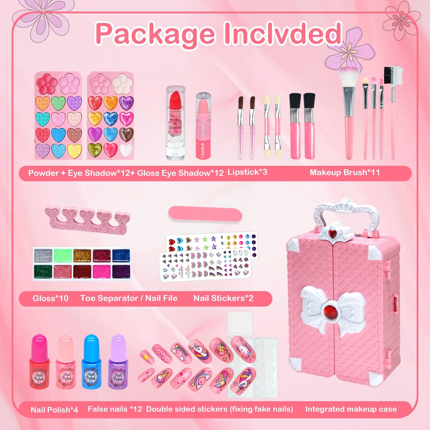 Kids Makeup Sets for Girls 5-8, 74 Pcs Kids Makeup Kit for Girls Non-Toxic Washable Real Cosmetic Set, Play Make Up Kit, Toddlers Birthday Gifts Princess Toys for 3 4 5 6 7 8 9 10 11 12 Year Old