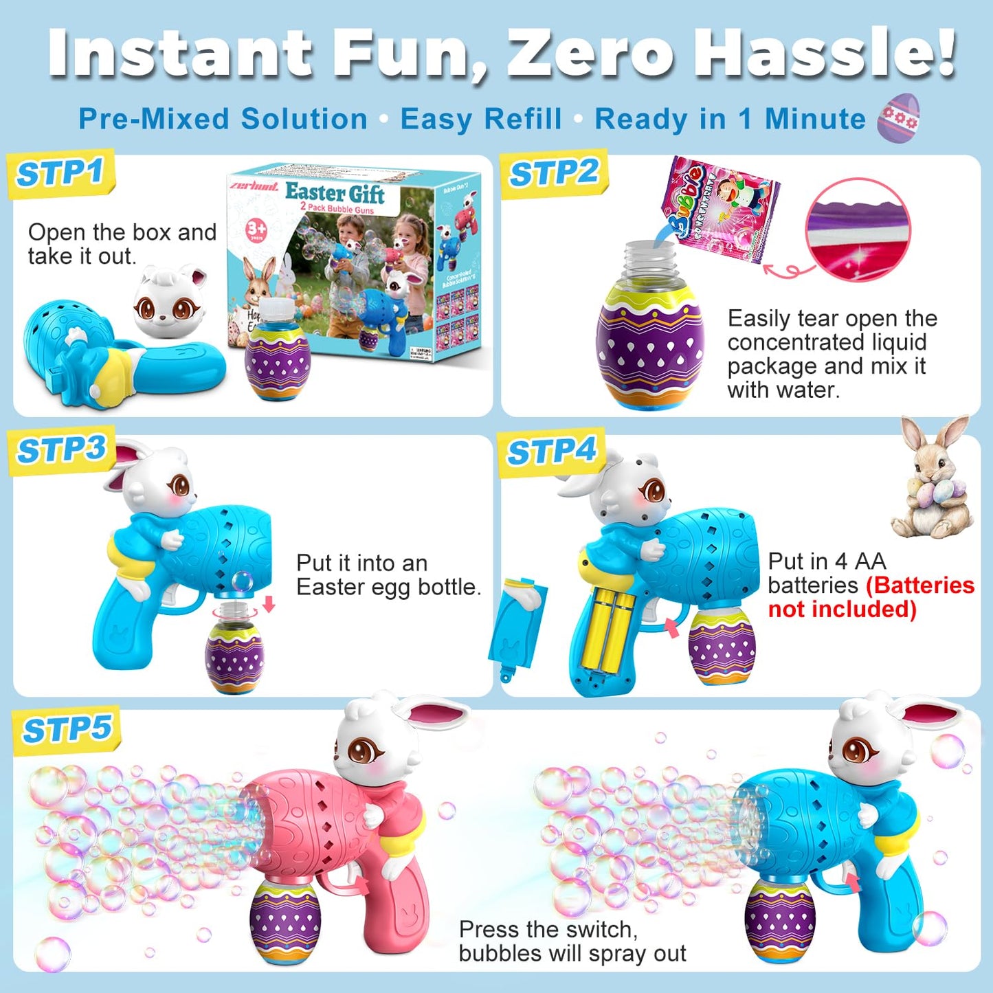 Easter Bubble Guns for Toddlers & Kids: Easter Basket Stuffers 2-Pack Bunny & Egg Themed - Leak-Proof Bubble Blaster Toys with Refill Solution - Perfect for Easter Egg Hunt & Outdoor Party