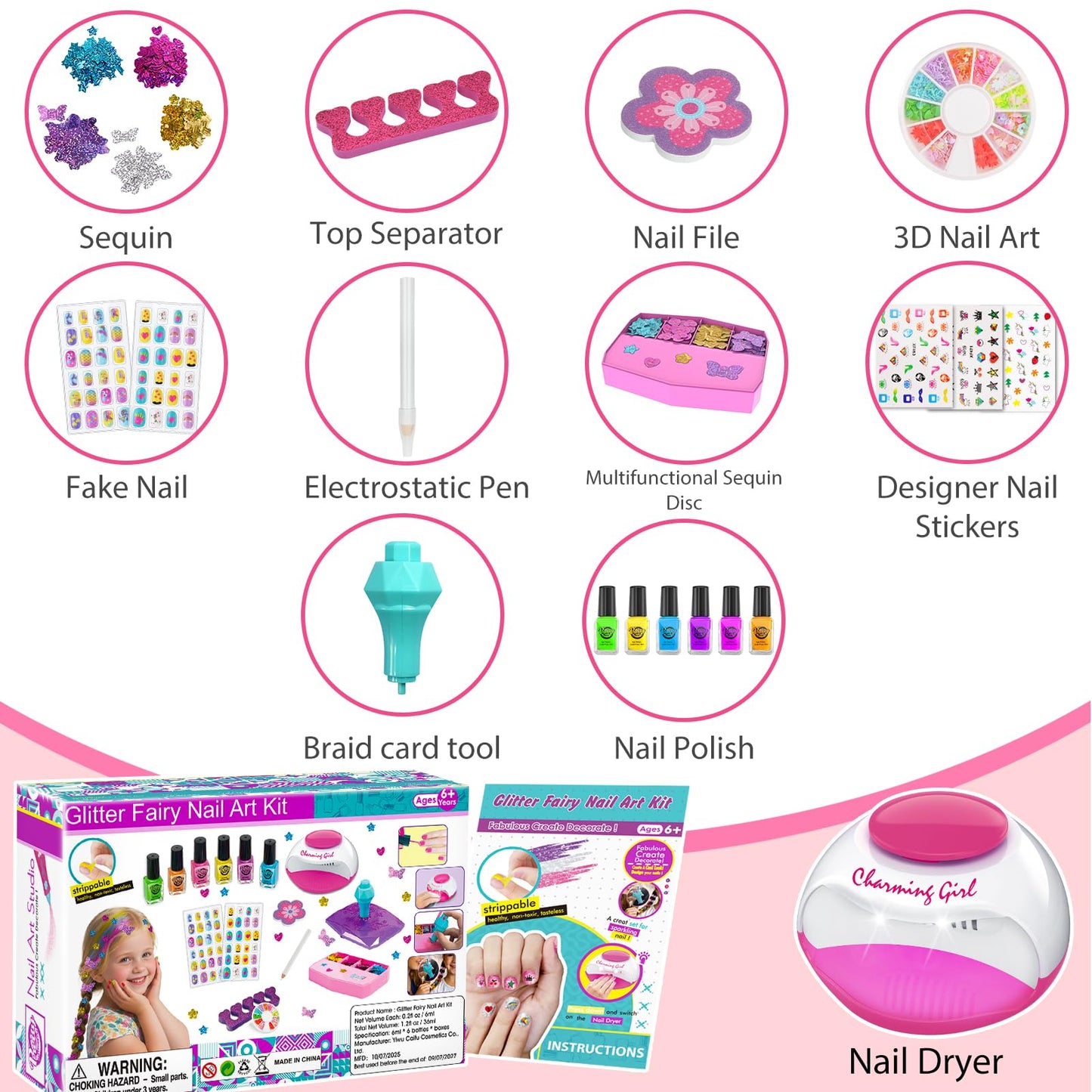 QoQlz Kids Nails Polish Set for Girls with Hair Gem Stamper Kit, Nail Art Kit for Kids Ages 7-12 - Cool Girly Stuff - Birthday Gifts for Girls 6 7 8 9 10 11 12 Years Old