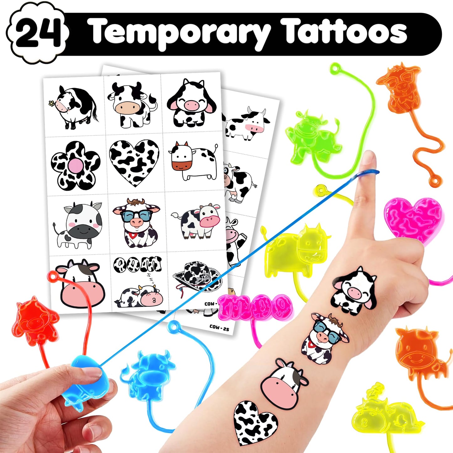 48PCS Cow Party Favors - 24PCS Cow Temporary Tattoos & 24PCS Cow Stick Hands Party Favors - Perfect Birthday Favors, Goodie Bag Stuffers, Treasure Box Toys, Classroom Prizes, and Student Gifts