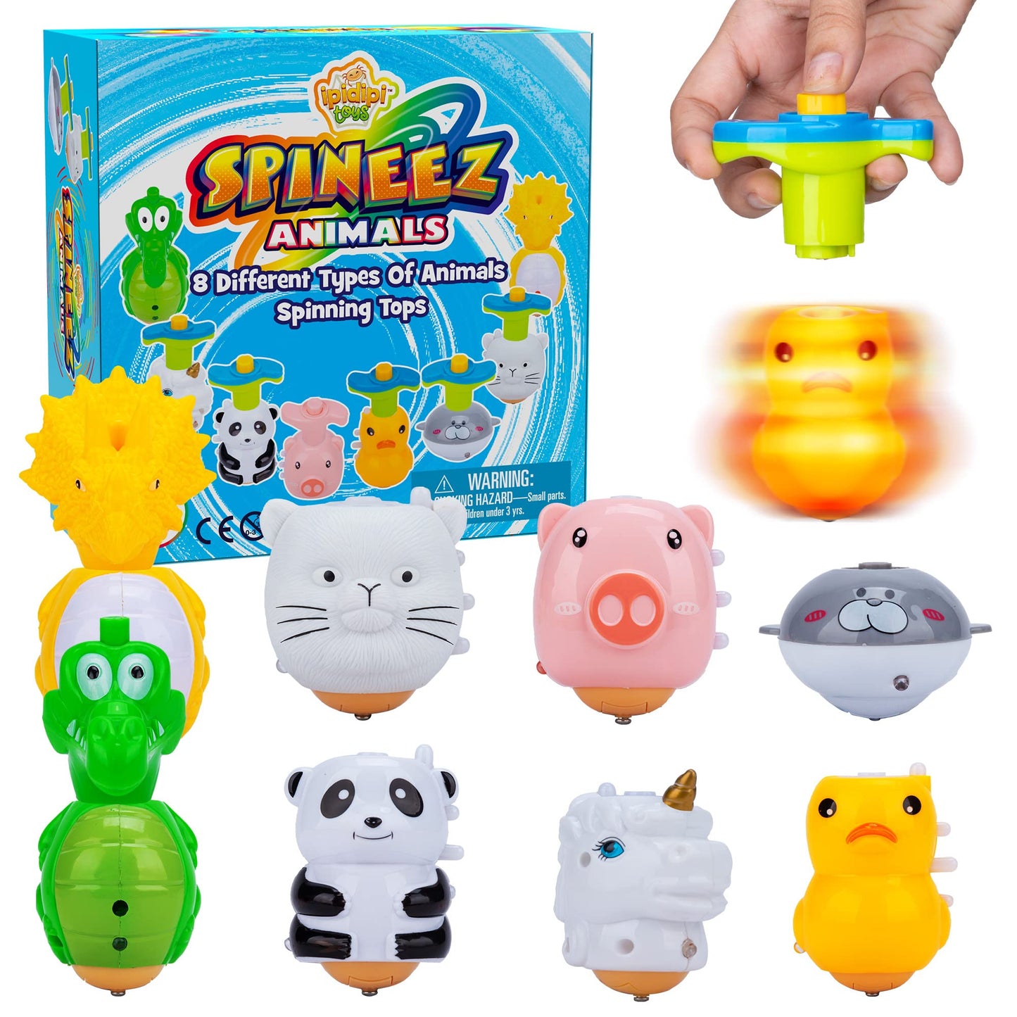 IPIDIPI TOYS Spineez Animal Light Up Spinning Tops – 8 Cute LED Spinners Toys - Spinning Tops for Kids - Birthday Party Favors, Goodie Bag Stuffers for Kids, Classroom Prizes for Boys & Girls