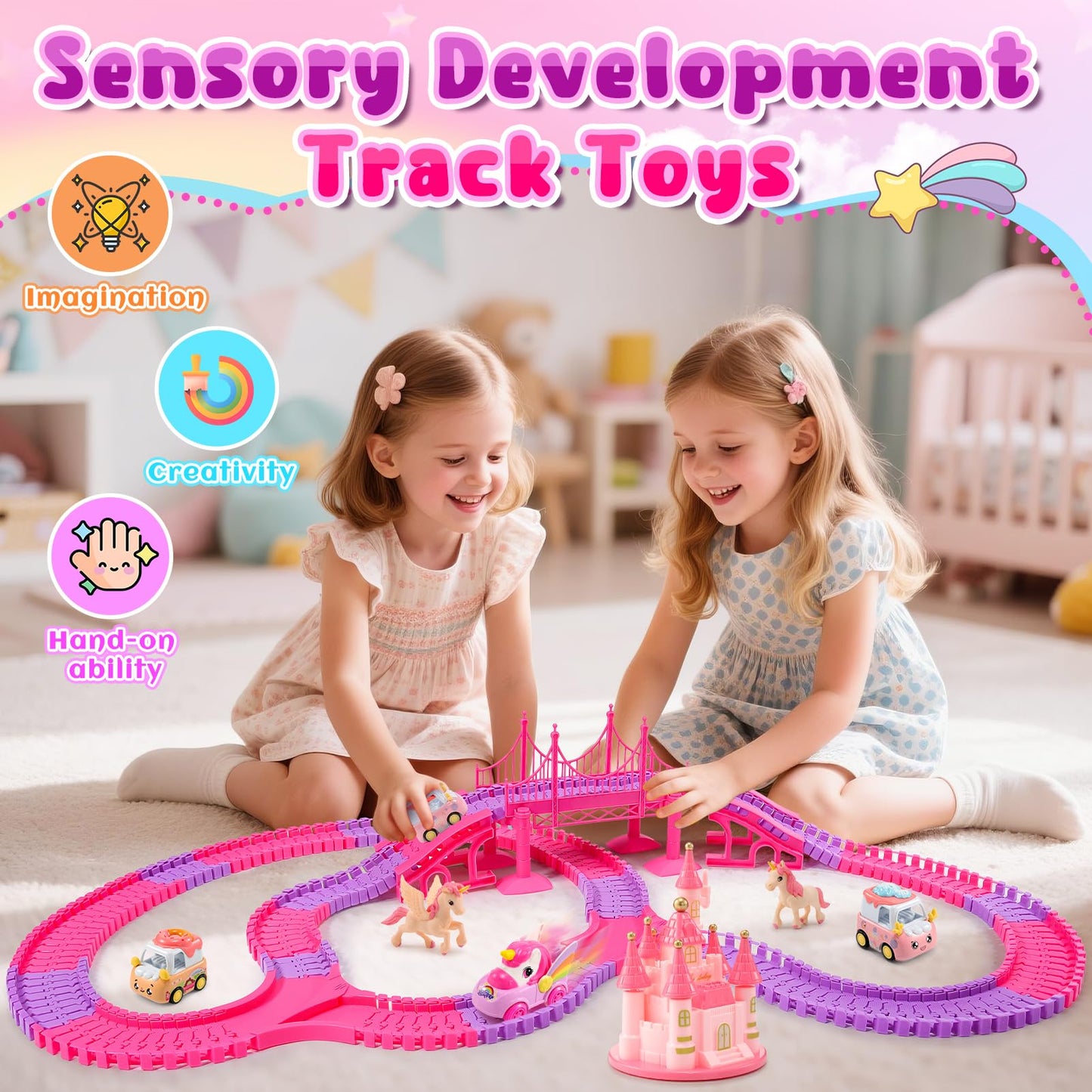Aetyni Unicorn Toys Car Track for Kids Girls 4-6: 232 PCS Unicorn Monster Truck Race Track with 2 Pull Back Cars Toys for 3 4 5 6 7 Year Old Girl Toddler Christmas Birthday Gifts for Girl 3-5 6-8