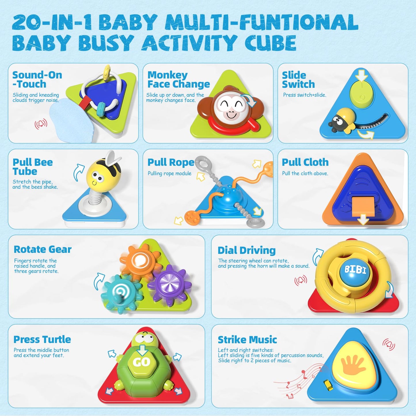 MEWOCHEE 20-in-1 Toddler Busy Board Cube Toys, Early Educational Montessori Sensory Toy for Toddler 1-3, Montessori Toys for 1 2 Year Old Boys Girls Kids, Travel Toy Gifts for 1 2 Year Old Boy Girl
