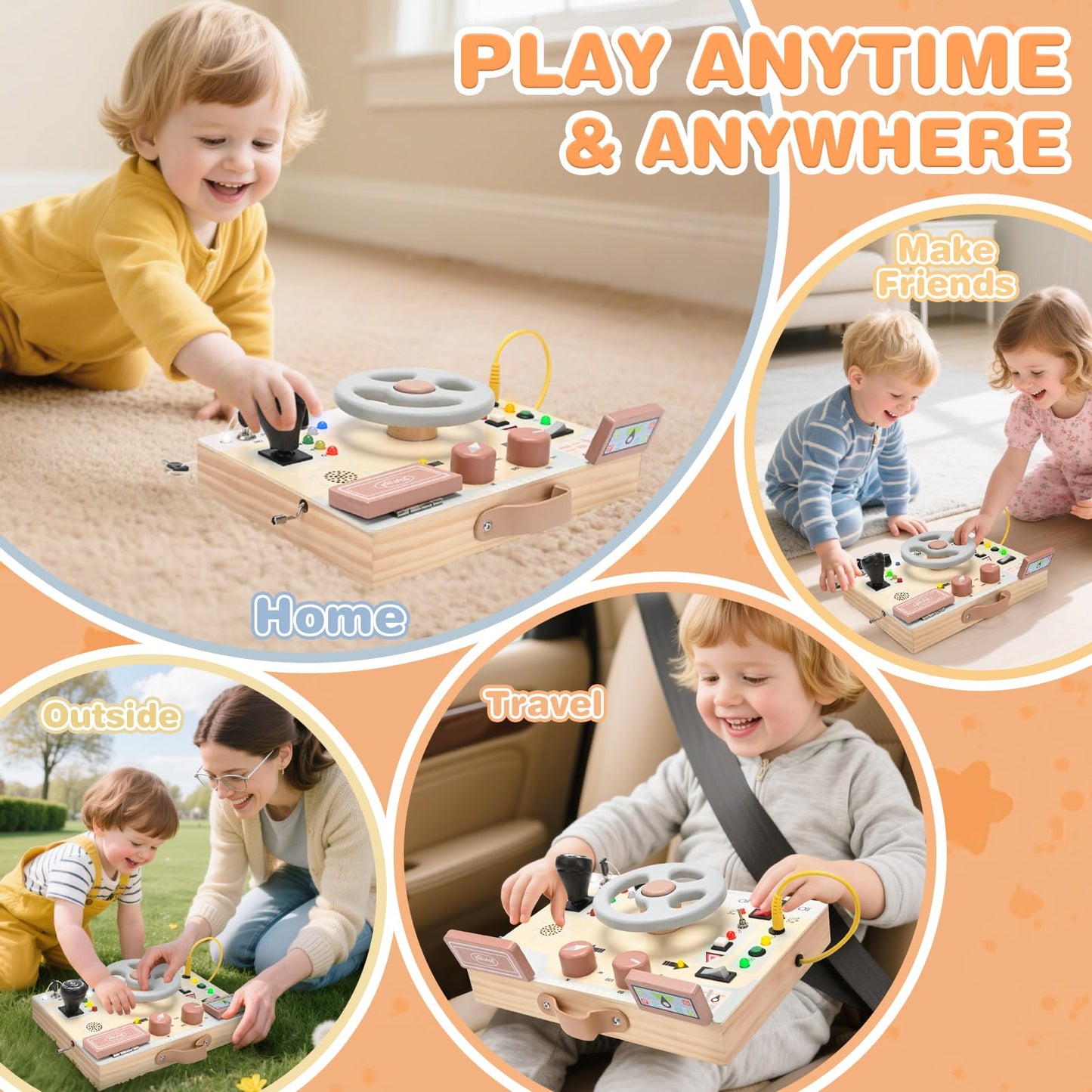 Joyreal Montessori Toddler Busy Board - Montessori Toys for 1 2 3 Years Old, Wooden Sensory Board with LED Lights, Steering Wheel, Music Player, Travel Toys for 1+ Year Old Boy & Girl Birthday Gift
