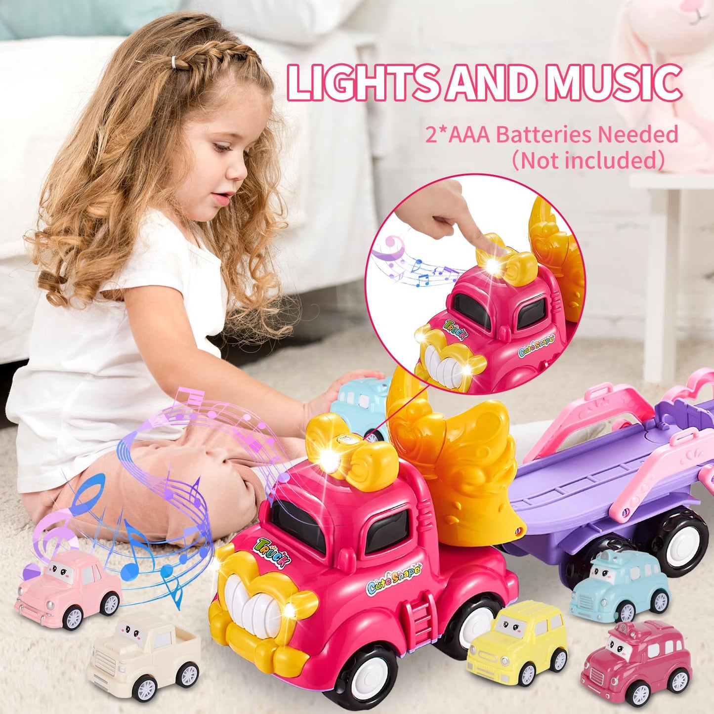 Sciencow Toddler Girls Cars for 1 2 3 4 5 Year Old,7-in-1 Pink Princess Foldable Transport Carrier Trucks with Lights and Music,Birthday Presents for 1-3 3-5 Yrs Old Babys