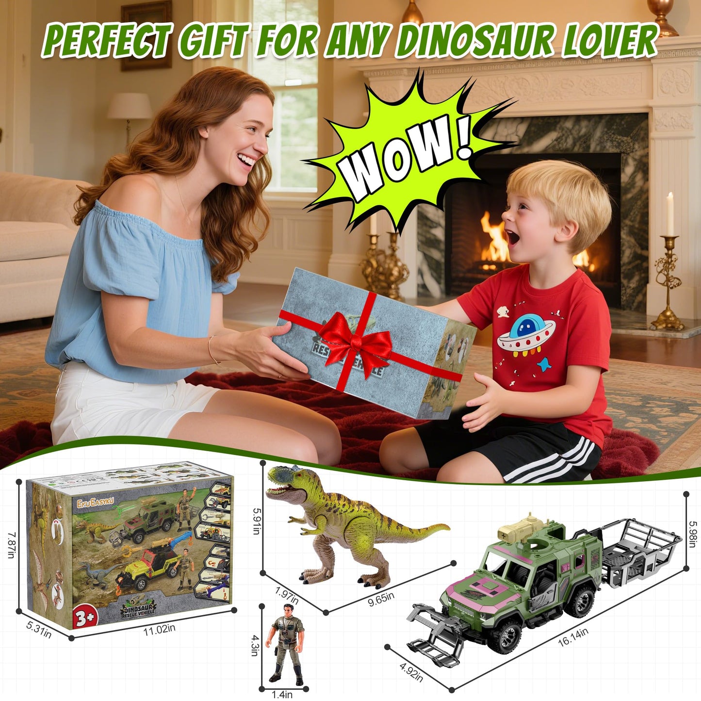 EKU Dinosaur Toys Rescue Truck with Human, 10 Realistic Sounds, 15ft Launch, Clamp, Chomping T-Rex Dinosaur for Jurassic World Role Play Transport Adventure Playset for Kids 3+