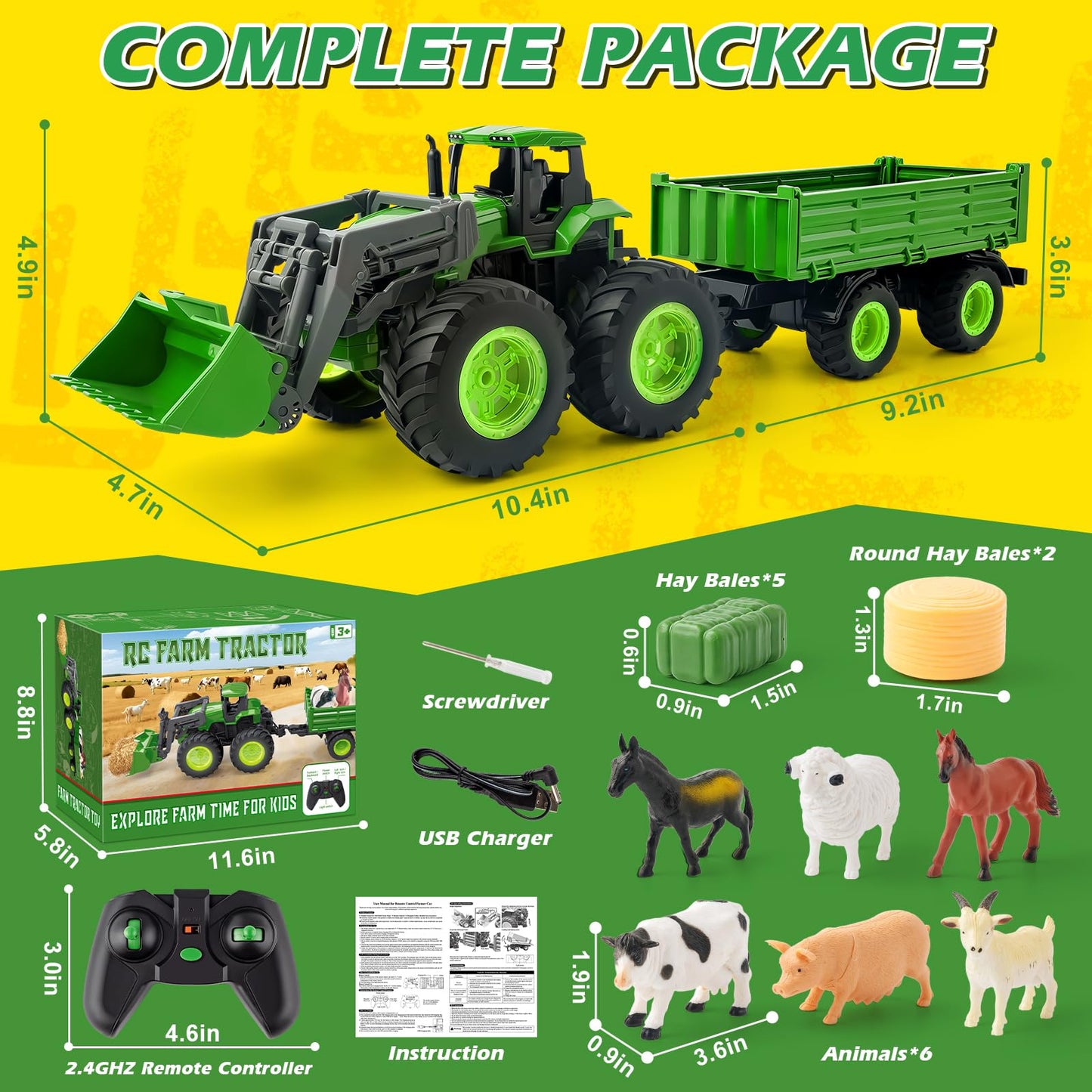 Remote Control Tractor Toy, Kids RC Tractor Set with Truck & Trailer and Light/Loading/8 Wheel, 2.4 Ghz RC Farm Vehicle Toys, Animal Farm Kids Toy for 3 4 5 6 7 8 9 Year Old Boys Girls Birthday Gift