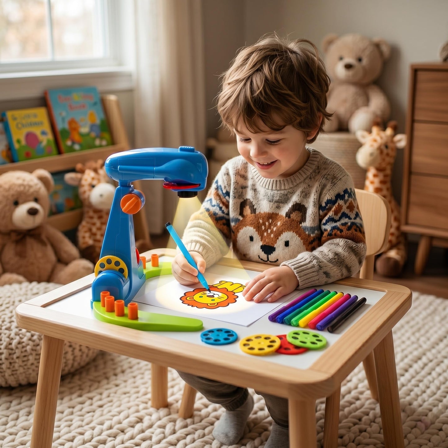 LEERFEI Drawing Projector for Kids–Adjustable Preschool Art Tracing Kit, 4 Discs (32 Diverse Cartoon Patterns), 12 Watercolor pens & 1 Paper Pad. Play-Based Learning Toy for Boys & Girls Ages 3+