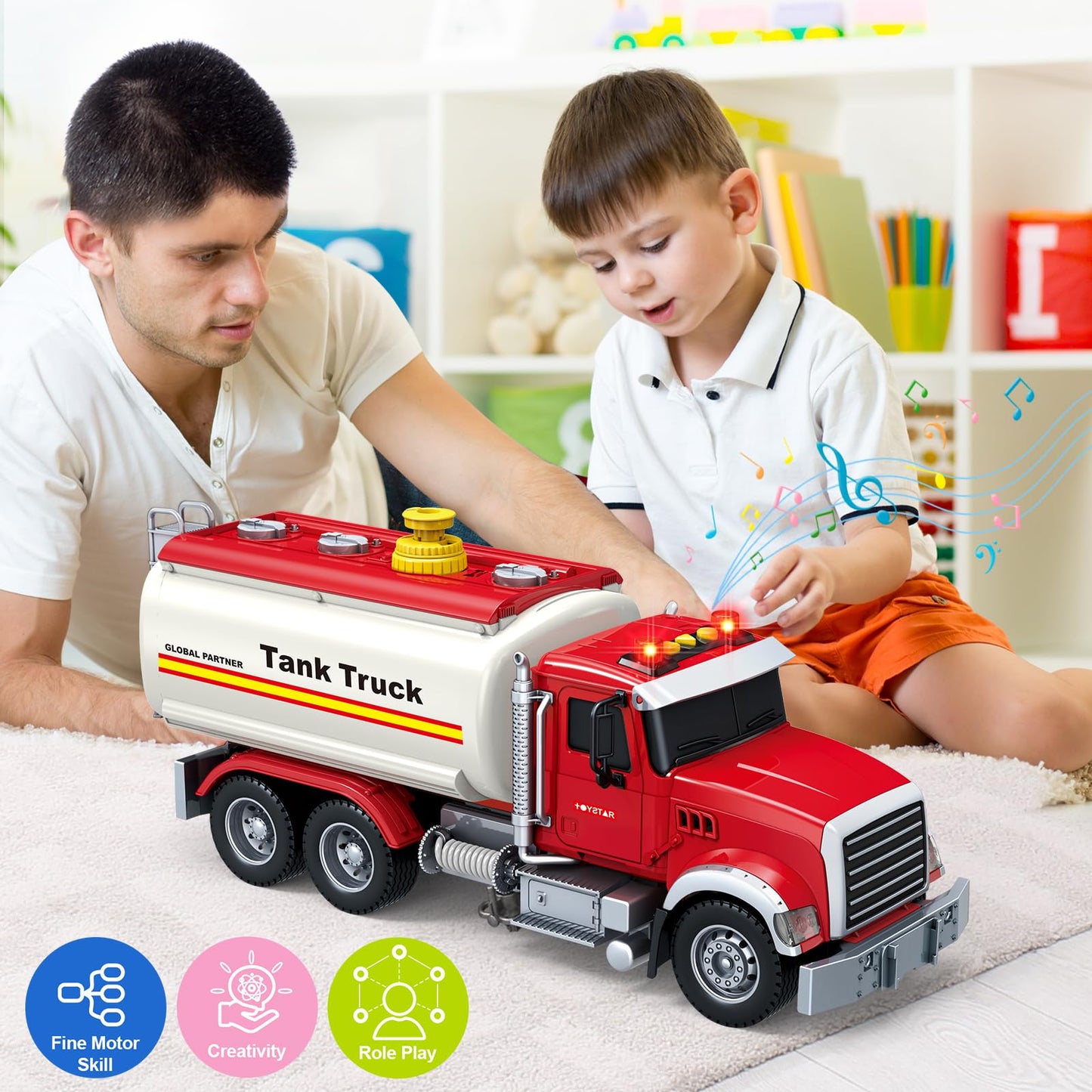 Bstoyder Kids Toys for 3 4 5 6 7 8 Years Old Boys, 15" Tank Truck Toy with Lights, Sounds, Toddler Friction Powered Truck Vehicle Toy for Boys Girls Birthday Gifts