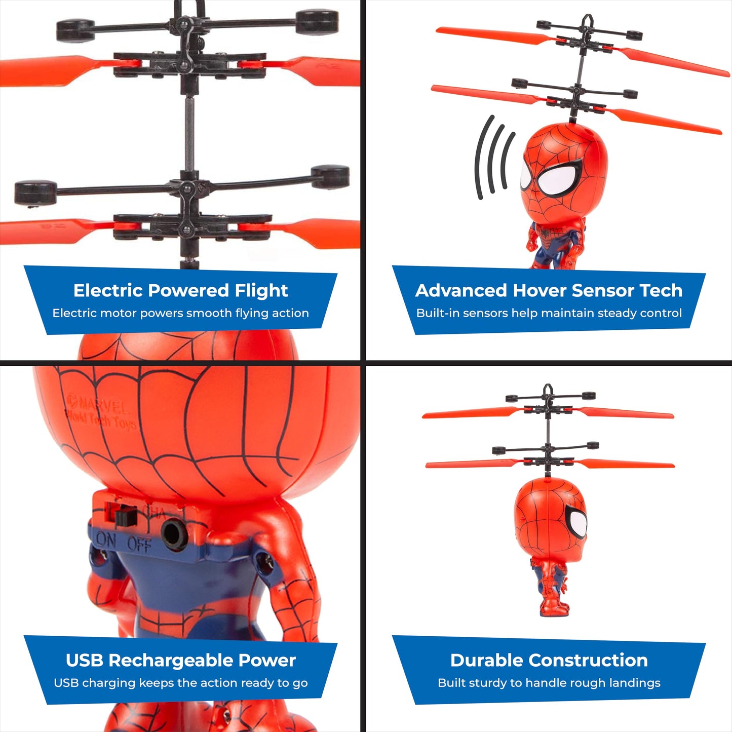 World Tech Toys Marvel Spider-Man Big Head Helicopter Toy – Motion Sensored Flying Toy for Kids - Marvel Licensed - Kids 6+