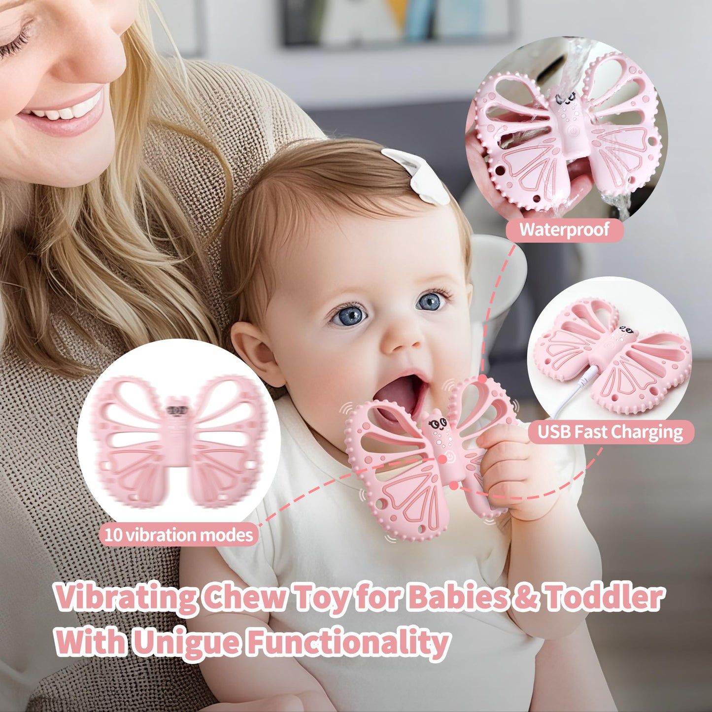 Vibrating Teether for Baby - Chewy Sensory Toy for Teething & Autism, 10-Speed Vibration Modes, USB Rechargeable, Food Grade Silicone Teether for Sensory Seekers(Pink)