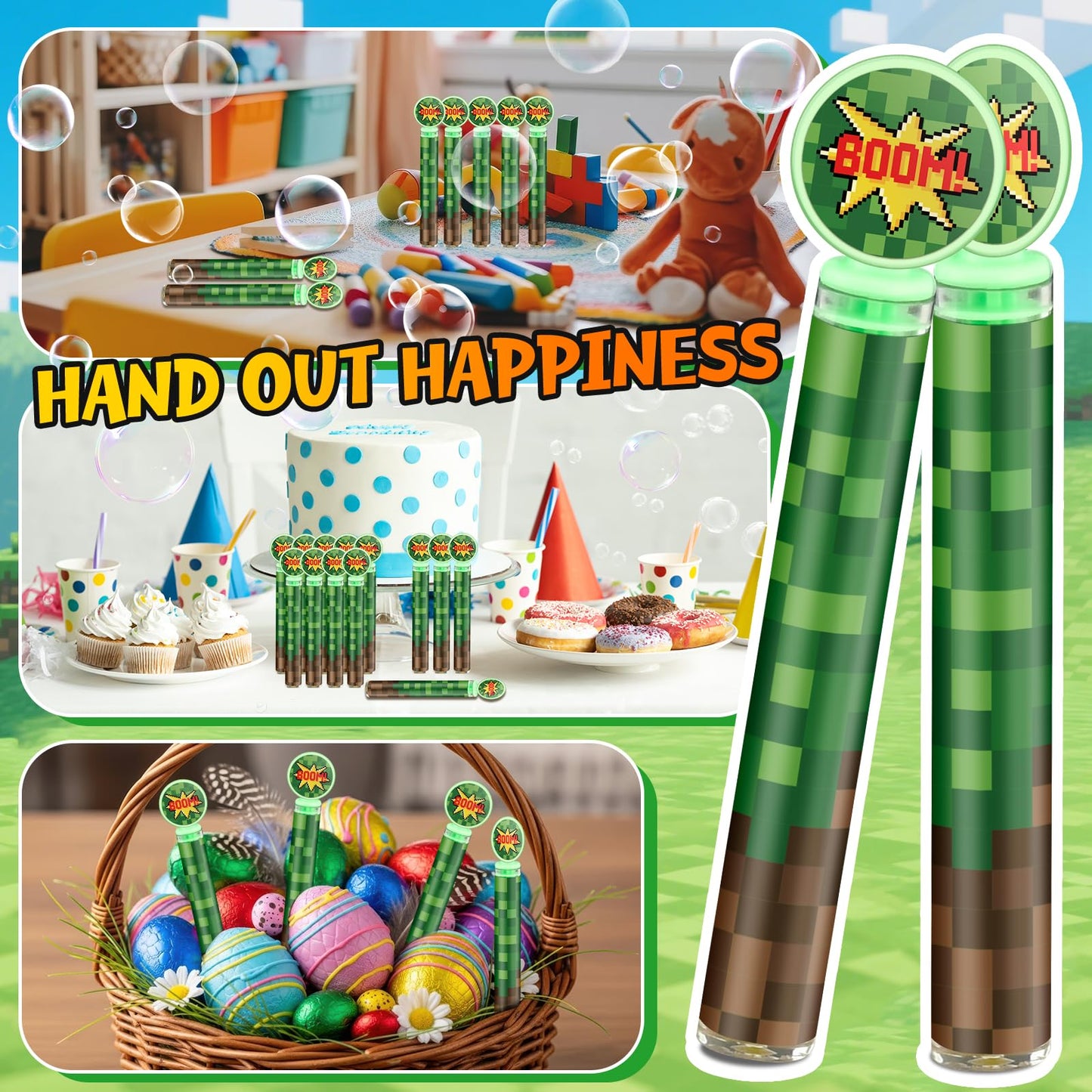 24 Pack Pixel Bubble Wands Bulk for Kids - Themed Birthday Party Favor with Green & Brown Pixel Mini Bubbles, Goodie Bag Stuffers, Classroom Prizes, Summer Outdoor Toys, Graduation Party Favors
