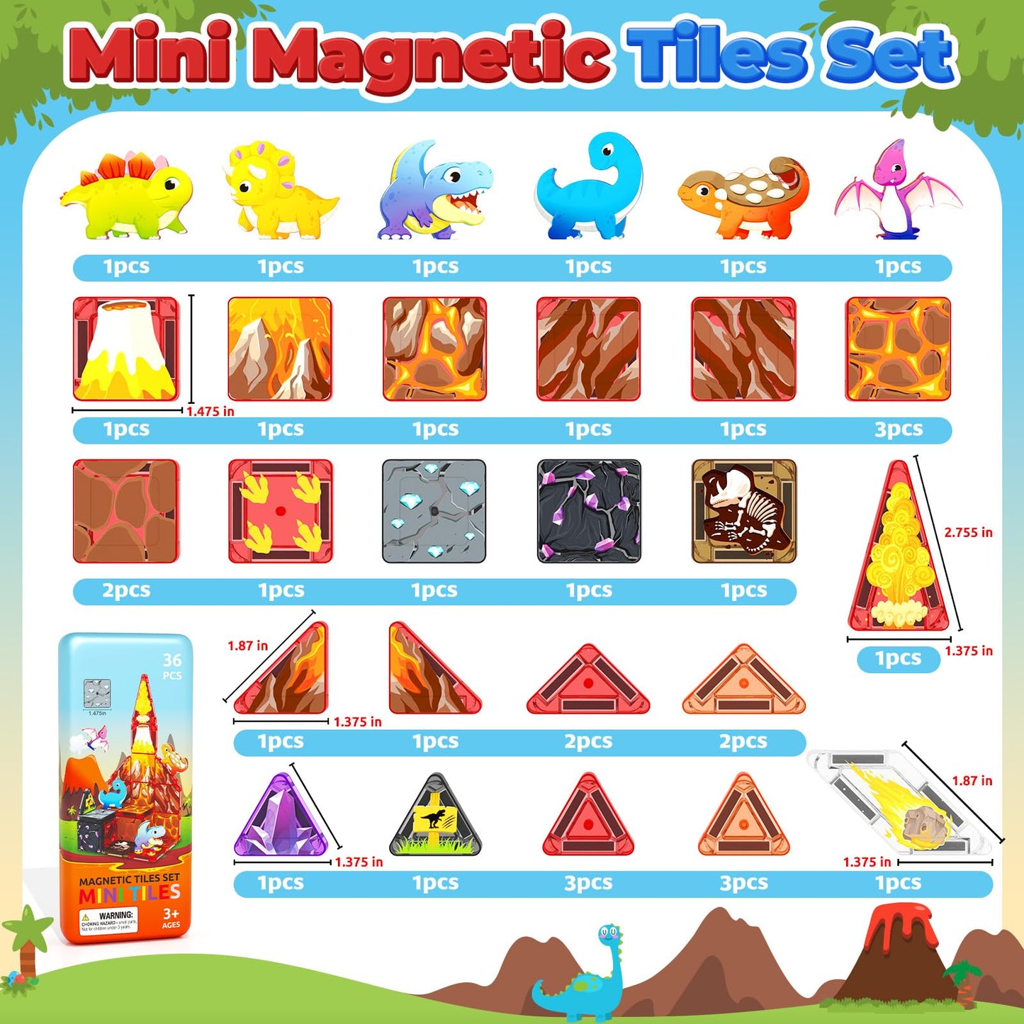 36PCS Mini Magnetic Tiles Dinosaur Kids Toys with Case - Toddler Travel Essentials Outdoor Set, Magnetic Blocks Montessori Preschool Sensory Building Toys for 3 4 5 Year Old Boys Girls Gifts