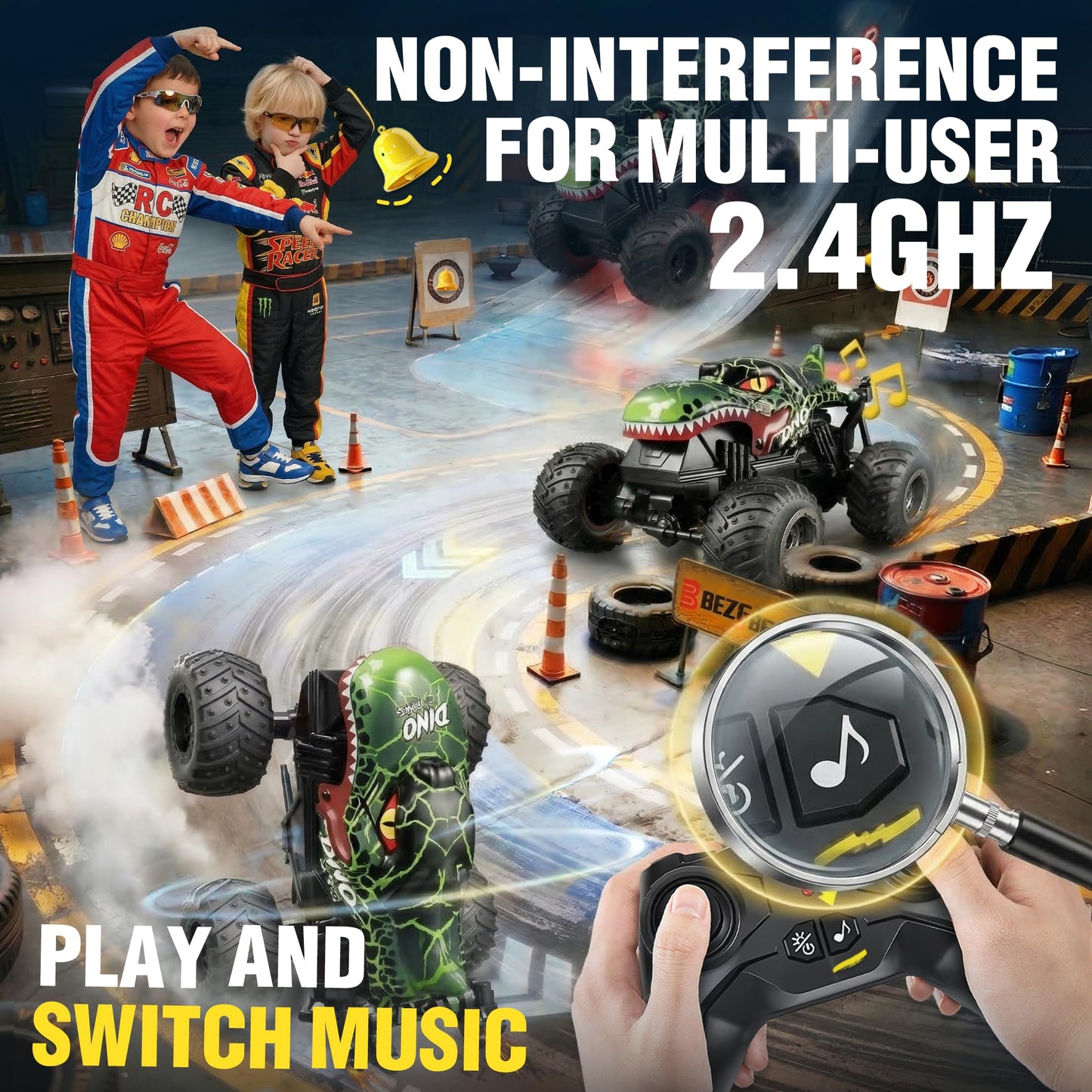 BEZGAR 1:20 Monster Truck Toys, 360°Stunt RC Cars Rotation Dinosaur Toys with Music, 2 Batteries and Wireless LED Strobe Lights, Remote Control Car for Boys 4 5 6 7 8 9 Years Old(Green)