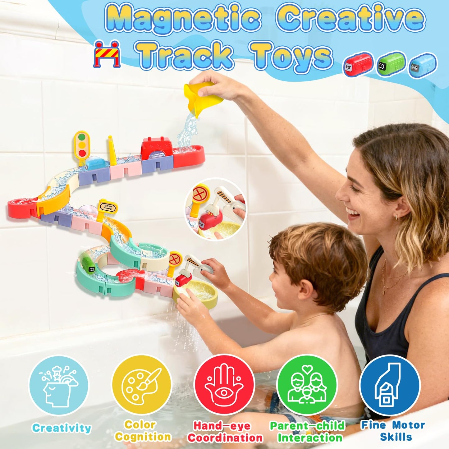 Kids Bath Toys for Kids Ages 4-8 3-5 with Magnetic Car Bath Toys Mold Free & DIY Slides Tracks Bathtub Shower Toys Birthday Gifts for Toddlers 2-4 5 6 7 8 Year Old Boys Girls (38 PCS)