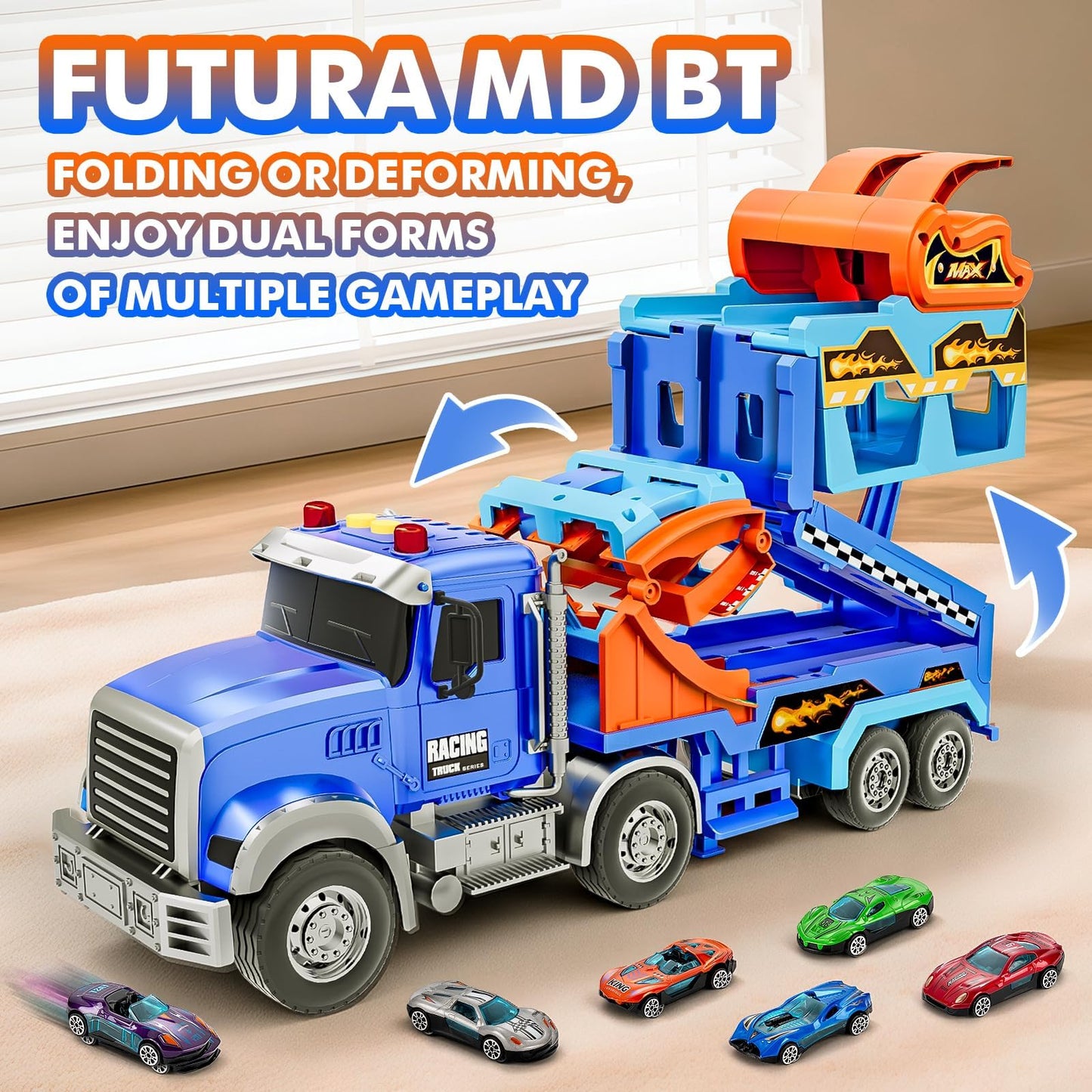 Truck Car Toys for 3, 4, 5, 6, 7, 8 Years Old Kids, Carrier Truck Race Track Toys, Foldable Transport Car Toys with Foldable Race Tracks and 6 Metal Cars, Birthday Gifts for Toddler Boys Girls (Blue)