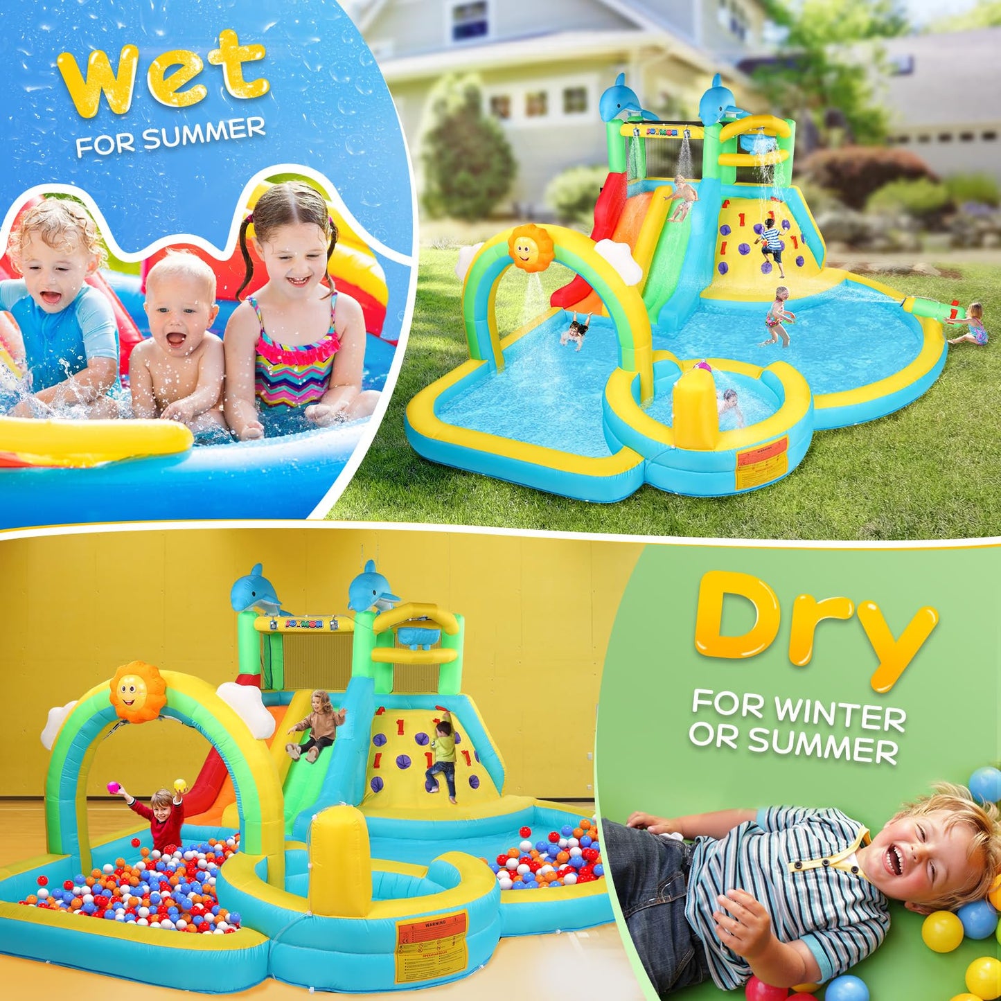 (2026 New) JOYMOR Inflatable Water Slide Bounce House w/Water Bucket, Climbing Wall, Pool, Rainbow Sprinklers, 1min Blow Up Water Slide 10-in-1 for Kids w/Strong Blower, Carrying Bag