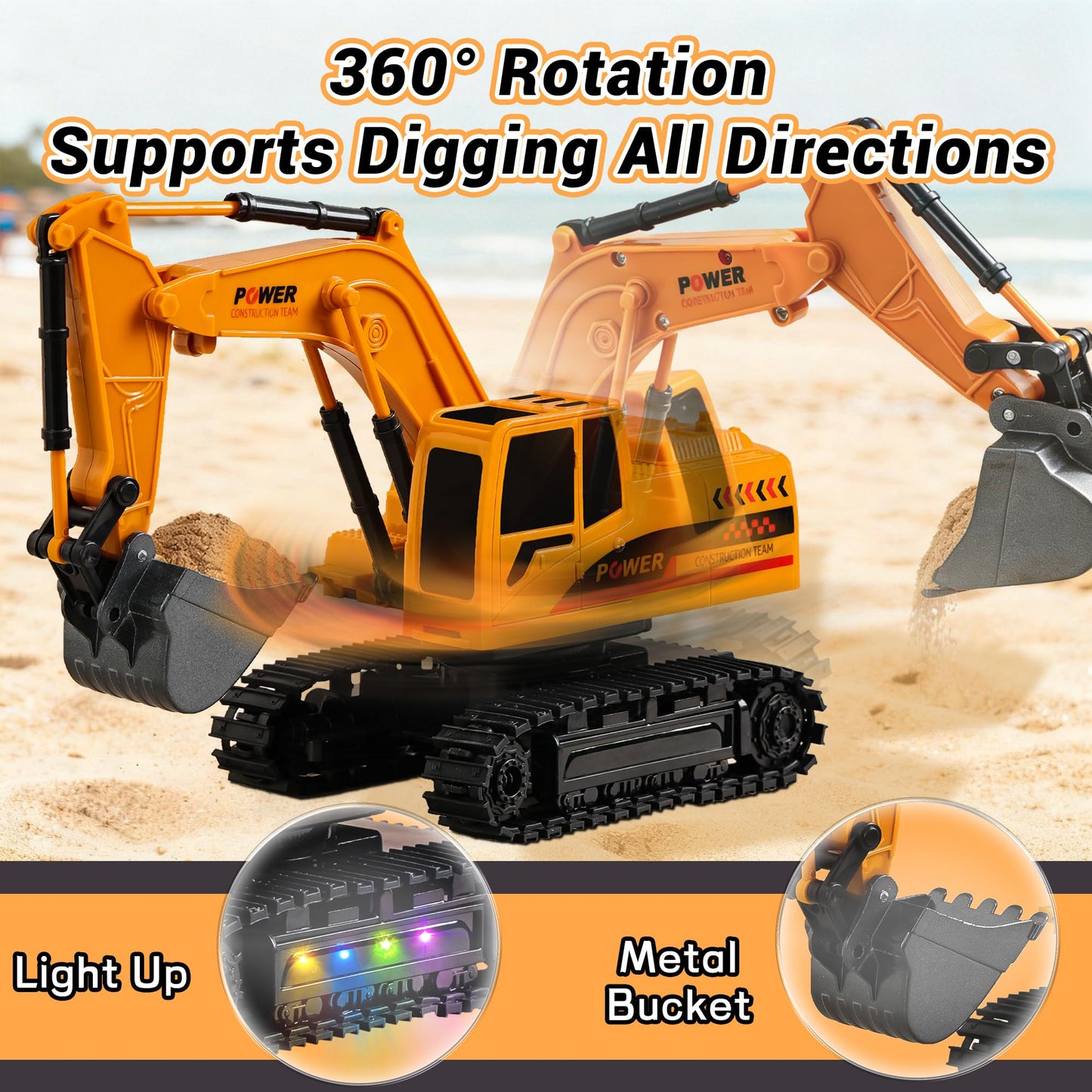 SANGQAOFU Remote Control Excavator Toy 12-Channel Mini RC Excavator with 2 Batteries & Metal Bucket Lights Sounds RC Digger Construction Vehicles Toys for Boys 3+ Years Old