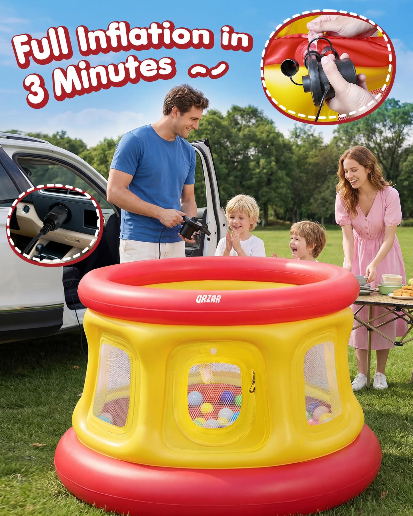 All-in-1 Inflatable Bounce House with 55 Balls for Toddlers 1-3, Playpen, Ball Pit and Trampoline, Thickened Matte PVC, Safety Net, 3-Min Setup with Air Pump for Kids Indoor and Outdoor Play(51'')