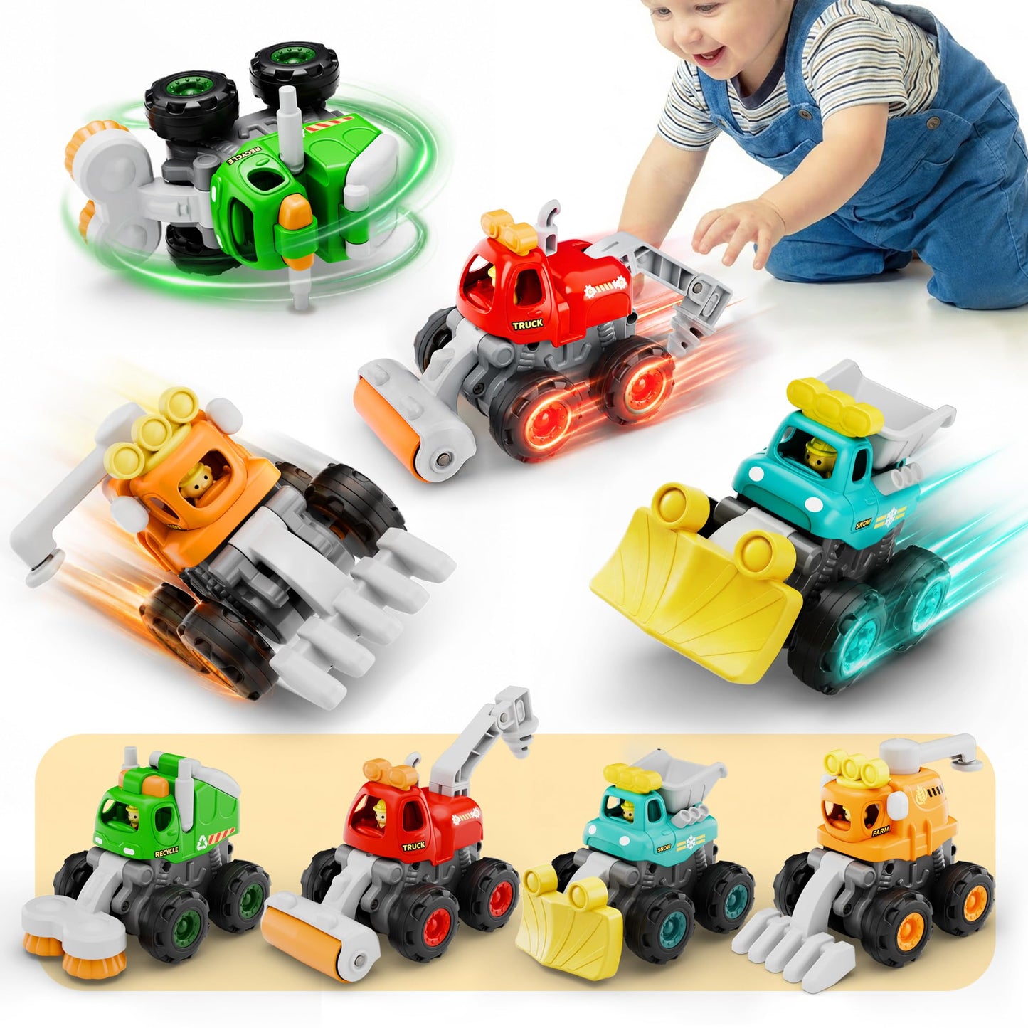 iPlay, iLearn Stunt Construction Trucks for Toddlers 1-3, Baby Push Go Friction Cars, Kids Pull Back Vehicle Set, Boys Digger Roller Dump Truck, Birthday Gift 12 18 Months, 2 3 4 5 One Yrs Girls Child