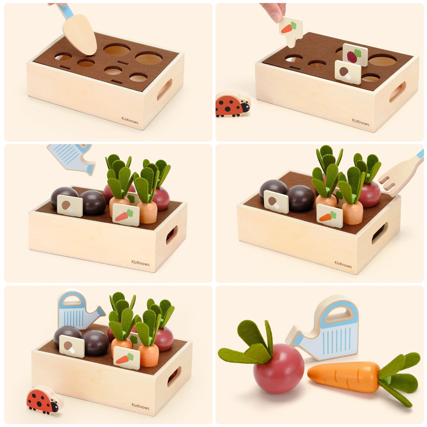 KizKnows Wooden Vegetable Garden Toy for Toddlers 3+, Pretend Harvest & Sorting Play Set with Planter Box, Fine Motor Learning Toy for 3 4 5 Year Old Boys Girls
