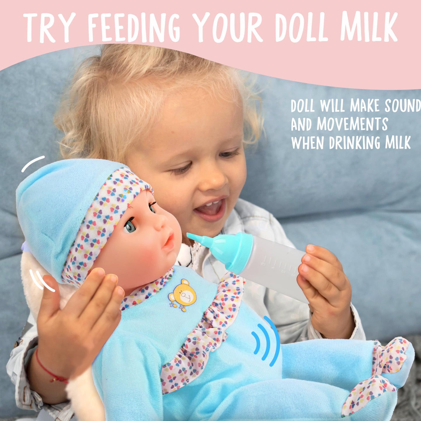 Toy Choi's Interactive Baby Doll - 16 Inch Crying Talking Feeding Dolls with Different Sounds and Accessories, Pretend Play Preschool Toys for 2 3 4 5+ Year Old Girls Boys Gift, Blue