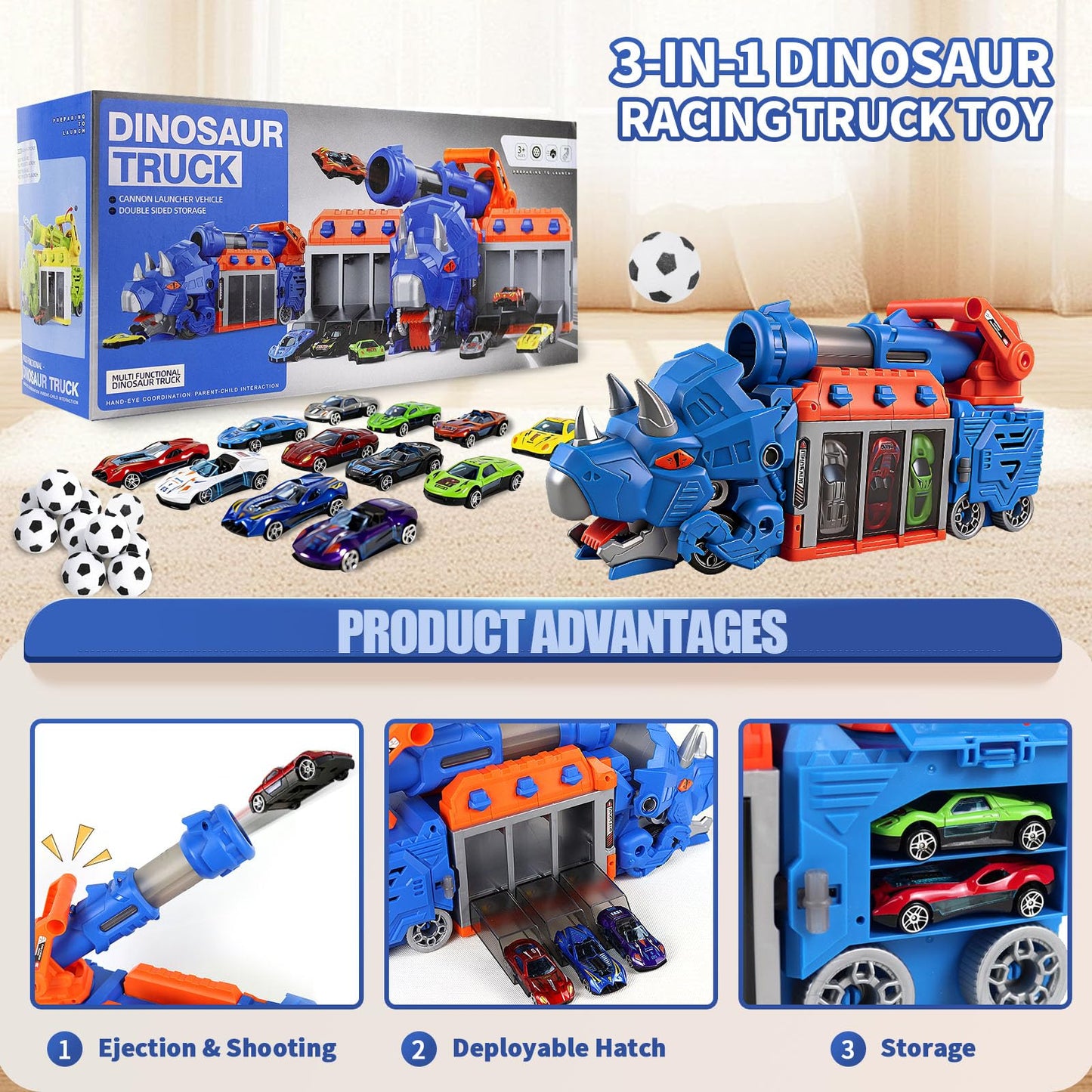 Dinosaur Truck Toys for Kids 3-12, Triceratops Car Playset with Ejection Shooting Game, Foldable Dino Truck Car Toy with 10 Mini Car, 12 EVA Soccer Ball, Storage Bay, Birthday Gift for Boys Girls