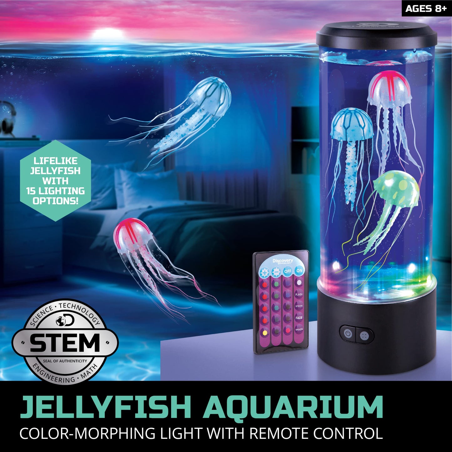 Discovery™ Jellyfish Aquarium Lamp – Color‑Morphing LED Bedroom Night Light with Remote| 15 Light Options| Lifelike Floating Jellyfish| Educational Learning Gift| Ages 8+