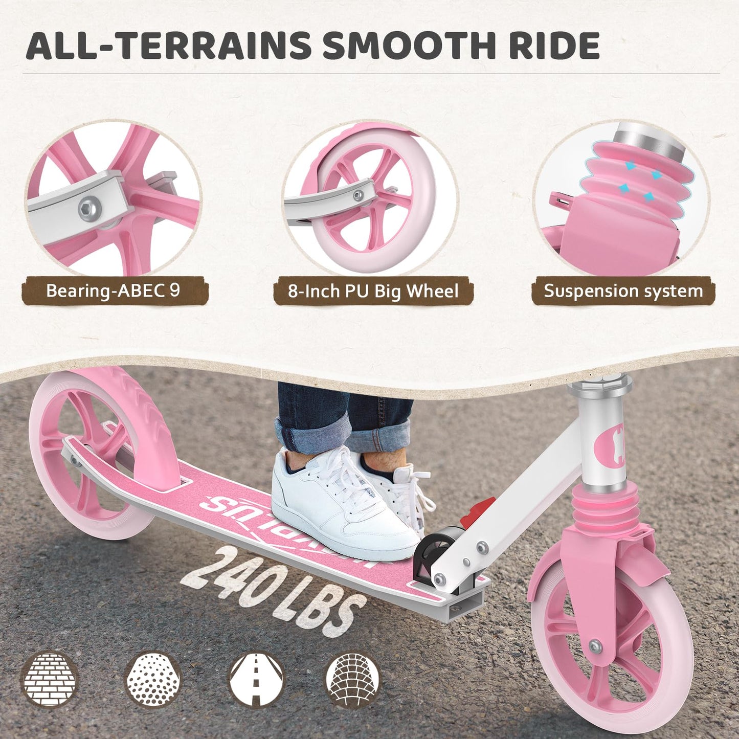 WAYPLUS Kick Scooter for Ages 6+,Kid, Teens & Adults. Max Load 240 LBS. Foldable, Lightweight, 8IN Big Wheels for Kids, Teen and Adults, 4 Adjustable Levels. Bearing ABEC9