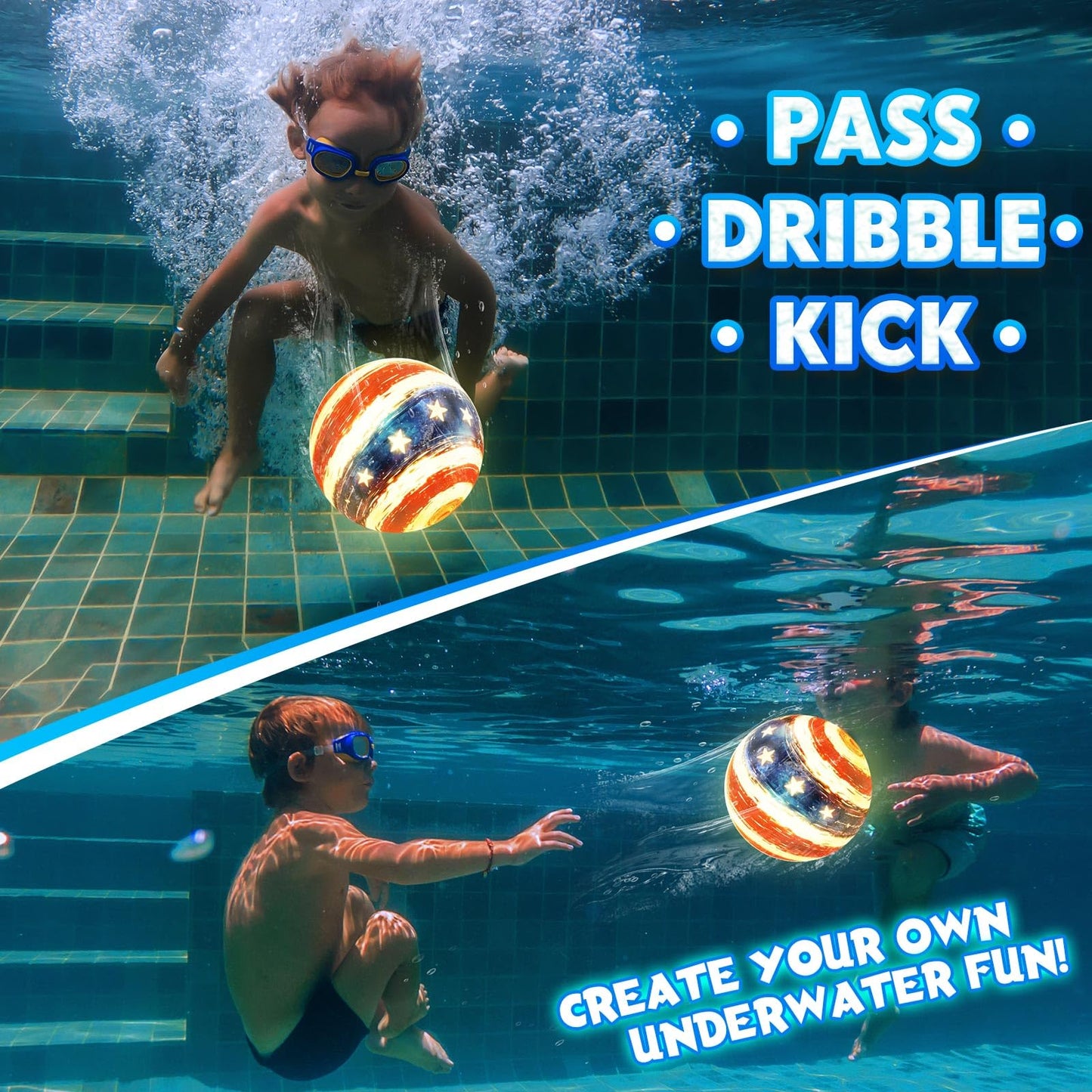 Focusport LED Underwater Pool Ball – 2 Pack 9" Light Up Water Ball Toy, Patriotic Design Pool Sports Game for Kids & Teens, Dribble & Pass for Water Football & Basketball, Summer Backyard Parties