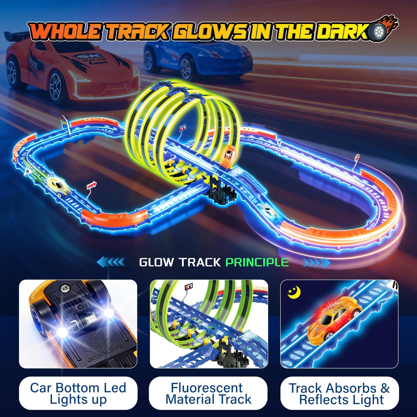 Glow Slot Car Race Track Set, 71 Pcs Glow-in-The-Dark Track Toy for Kids Ages 3-8, Electric Speed Car Light-Up Whole Tracks, 360° Magic Triple Loops, 1:64 Scale Pull-Back Cars, Toy Gift for Boys Girls