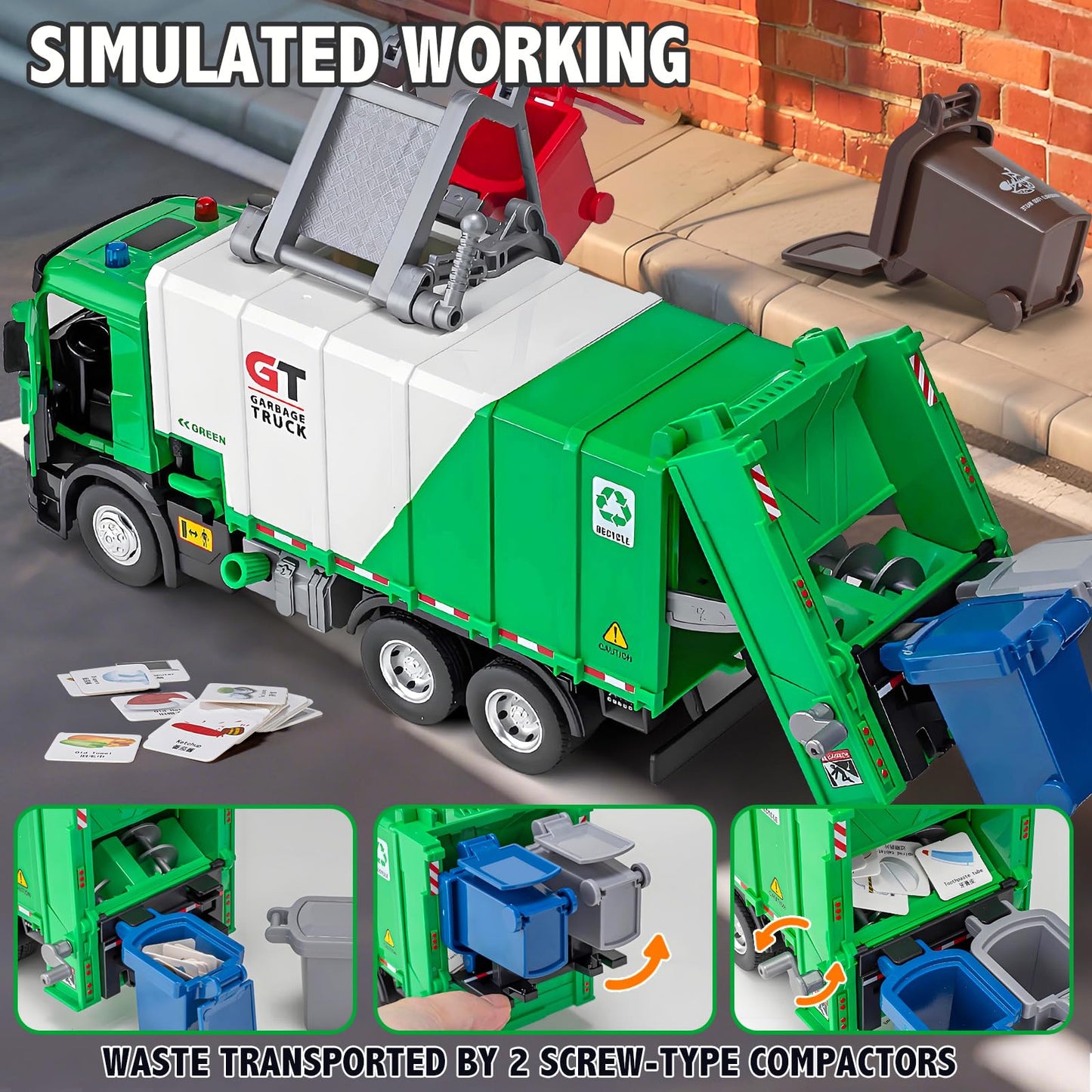 HAPYAD Side Loading Garbage Truck Toys Metal CAB, Trash Truck with Air-Pump Function, Lights & Sounds, Includes 4 Trash Bins, Learning Cards, Birthday Gift for Toddlers Kids 12"