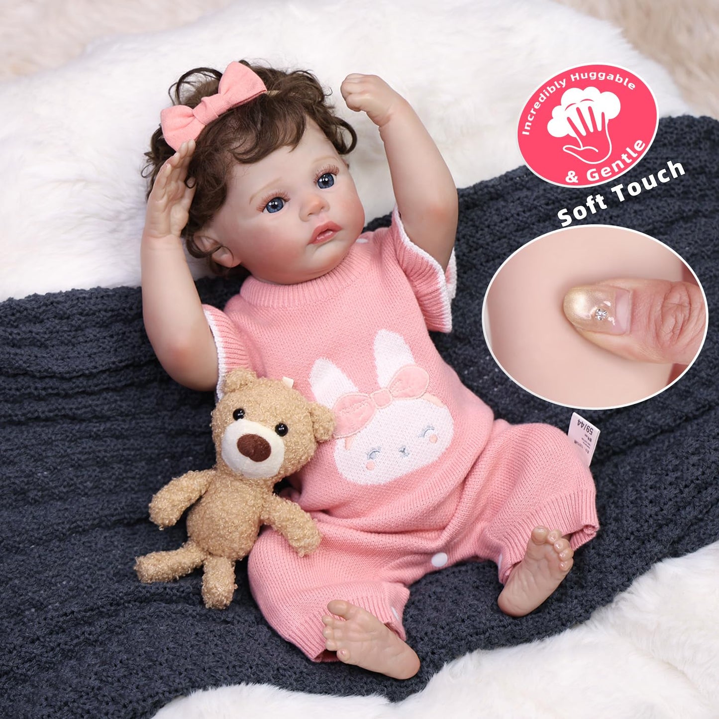 Tookyhill 16 Inch Lifelike Reborn Baby Doll, Full Vinyl Body, Poseable Limbs, Pink Knit Outfit & Plush Bear Toy, Realistic Newborn Doll Gift for Toddler Girls Age 3+ (Brown Bear)