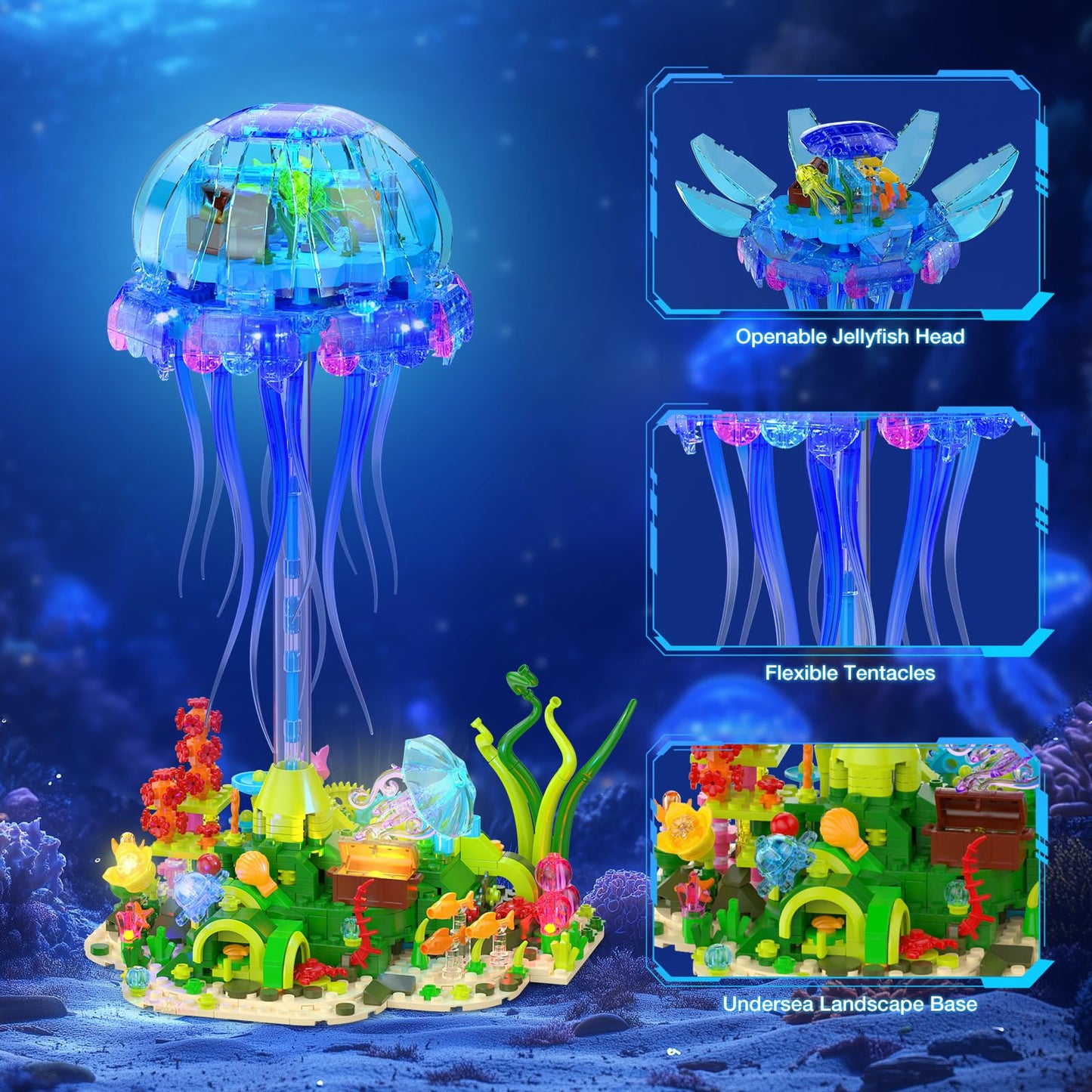 Brihappen Jellyfish Building Set with LED Lights, Floating Jellyfish Lamp for Home Decor, Ocean Animal Collection Model with Coral & Seaweed, Creative Display Gift for Adults, Teens 14+