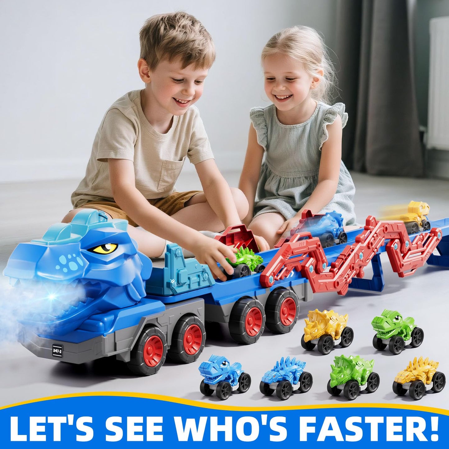 10 in 1 Dinosaur Truck Toys for Kids Toddlers Boys 3-5 4-8, Dino Carrier Truck with Foldable Track, Spray, Light & Sounds and 9 Dino Cars, Birthday Gifts for Kids Boys Girls 3 4 5 6 7 8 Year Old
