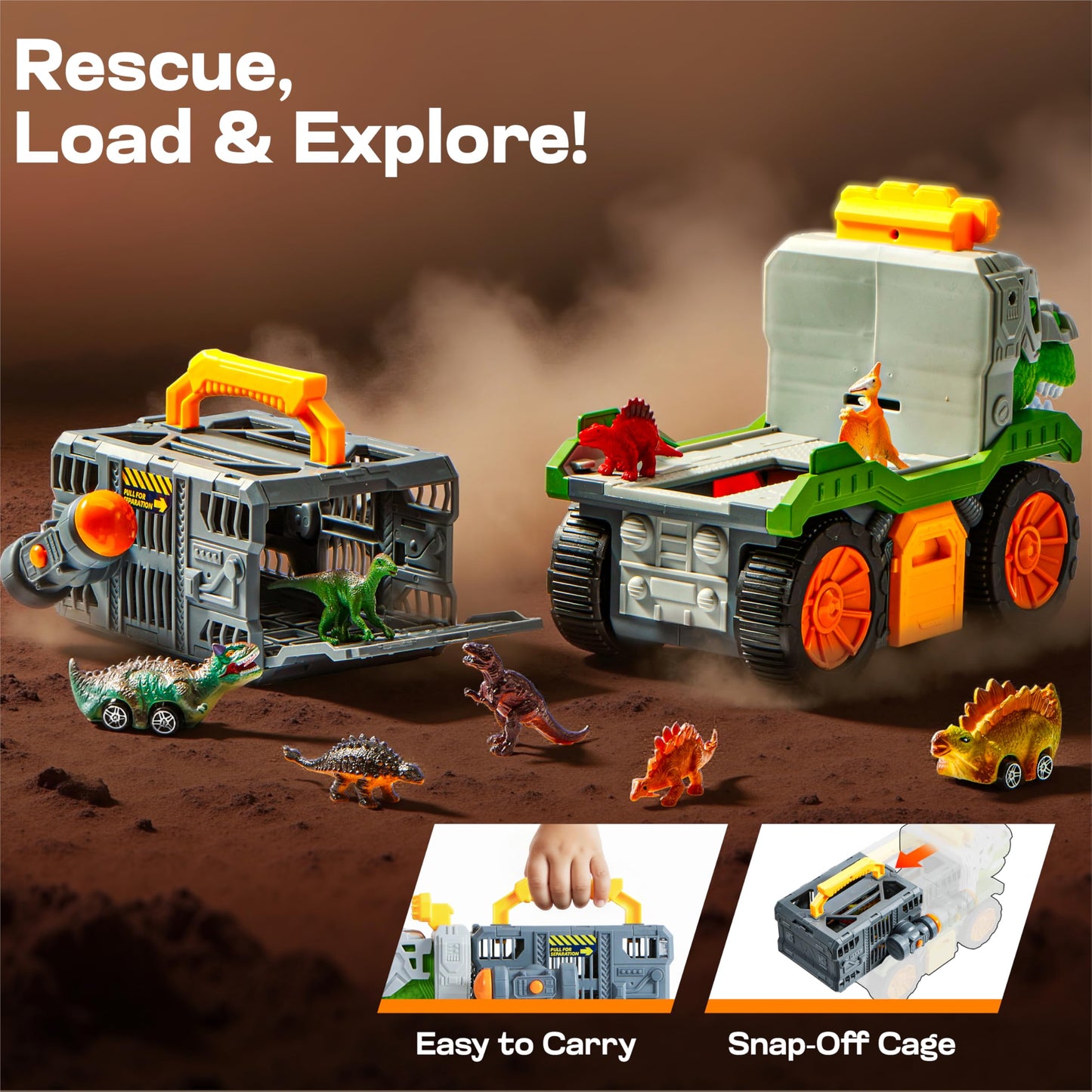 JOVA Vroomix Dinosaur Toys for Kids 3-5, Dinosaur Carrier Truck with 2 Pcs Cars and 6 Pcs Figures for Toddlers, T.Rex Truck with Launcher and Darts, Birthday Gifts Toys for 3 4 5+ Year Old Boy